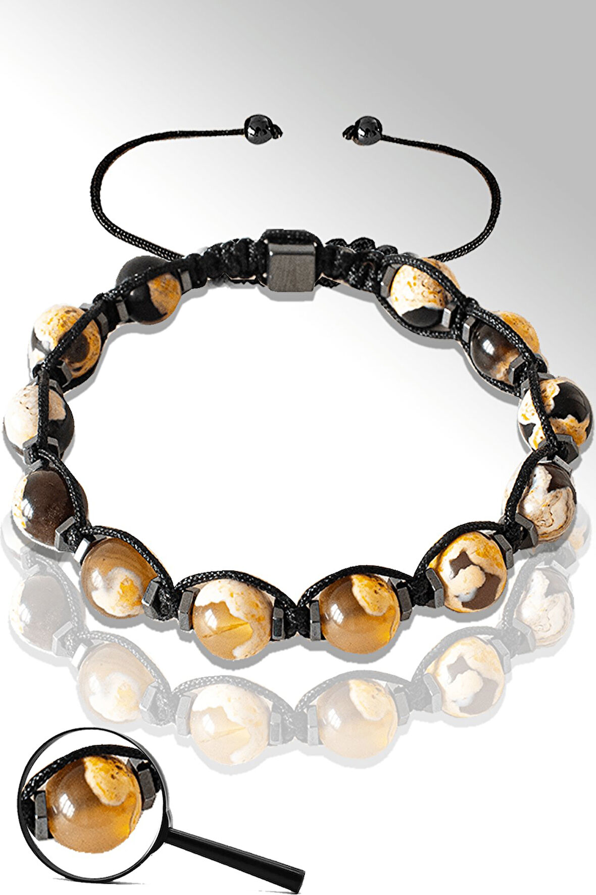 Sertifikalı Hematitli Beyaz Kahverengi Akik Taşı Bileklik - Tibet Akiği