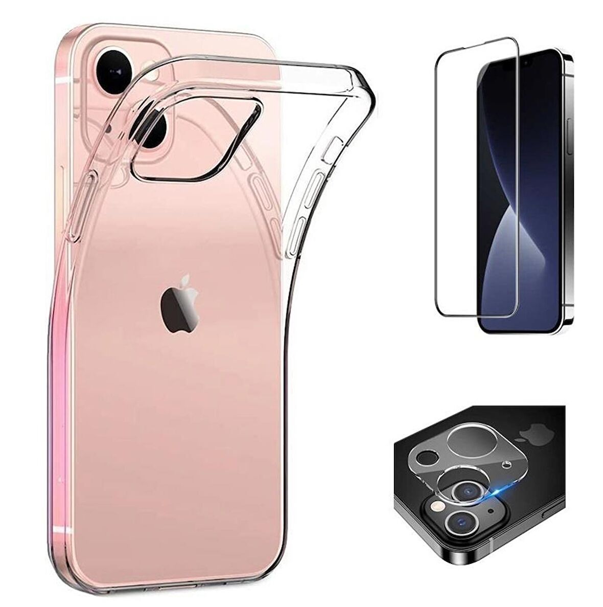 Vendas iPhone 14 Uyumlu (iPhone 14) Kamera Çıkıntılı Soft Silikon Kılıf + Cam Ekran Koruyucu + Kamera Lens Koruyucu
