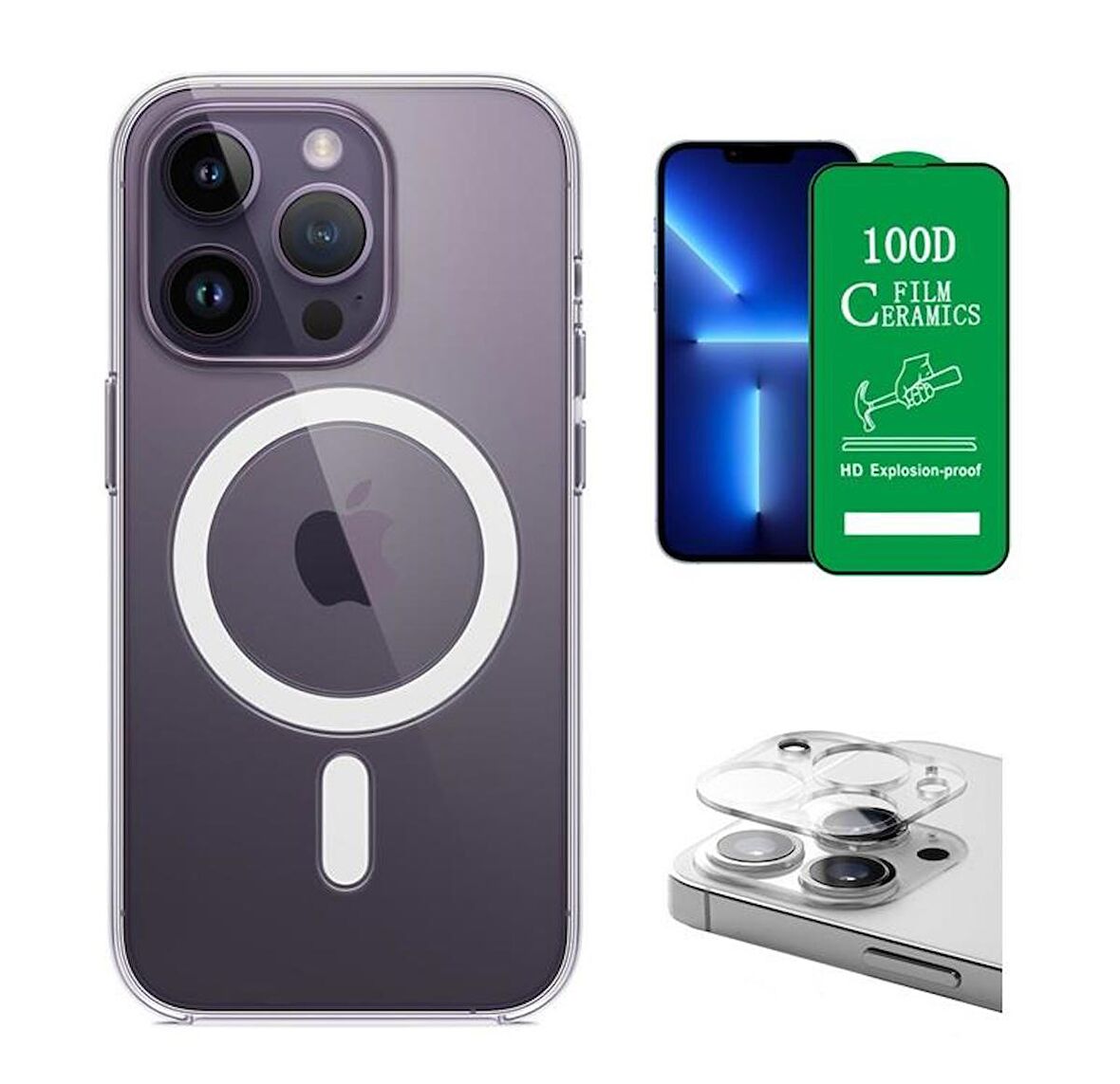 Vendas iPhone 14 Pro Uyumlu (14 Pro) Magsafe Şarj Destekli Darbe Dirençli Fit Hard Silikon Kılıf + Kamera Lens + Seramik Nano Ekran Koruyucu