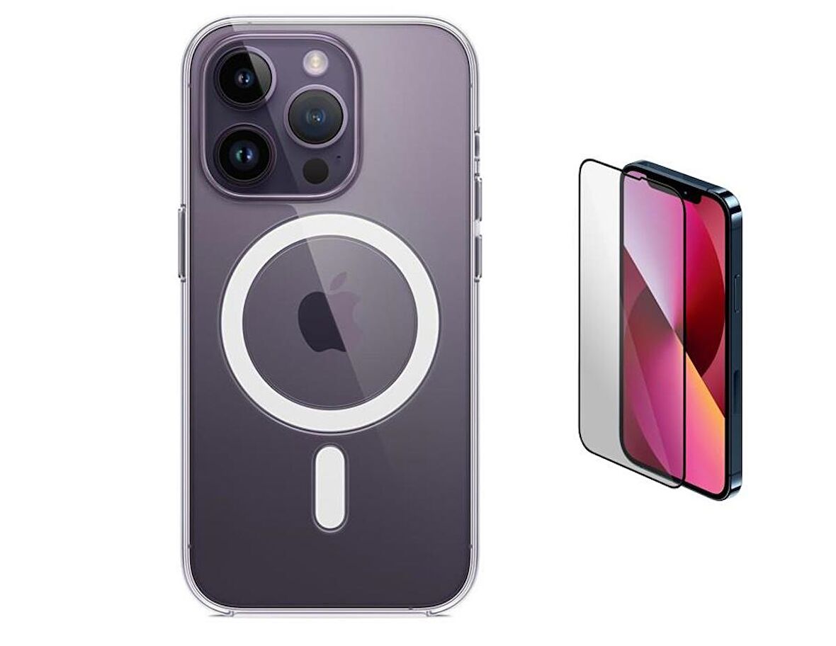 Vendas iPhone 14 Pro Uyumlu (14 Pro) Magsafe Şarj Destekli Darbe Dirençli Fit Hard Silikon Kılıf + Cam Ekran Koruyucu