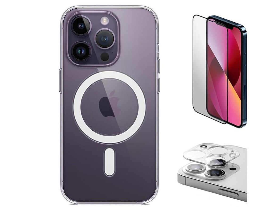 Vendas iPhone 14 Pro Uyumlu (14 Pro) Magsafe Şarj Destekli Darbe Dirençli Fit Hard Silikon Kılıf + Kamera Lens + Cam Ekran Koruyucu