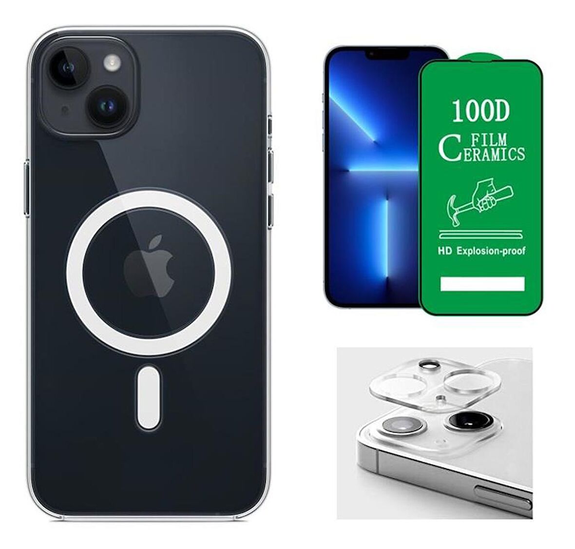 Vendas iPhone 14 Plus Uyumlu (14 Plus) Magsafe Şarj Destekli Darbe Dirençli Fit Hard Silikon Kılıf + Kamera Lens + Seramik Nano Ekran Koruyucu