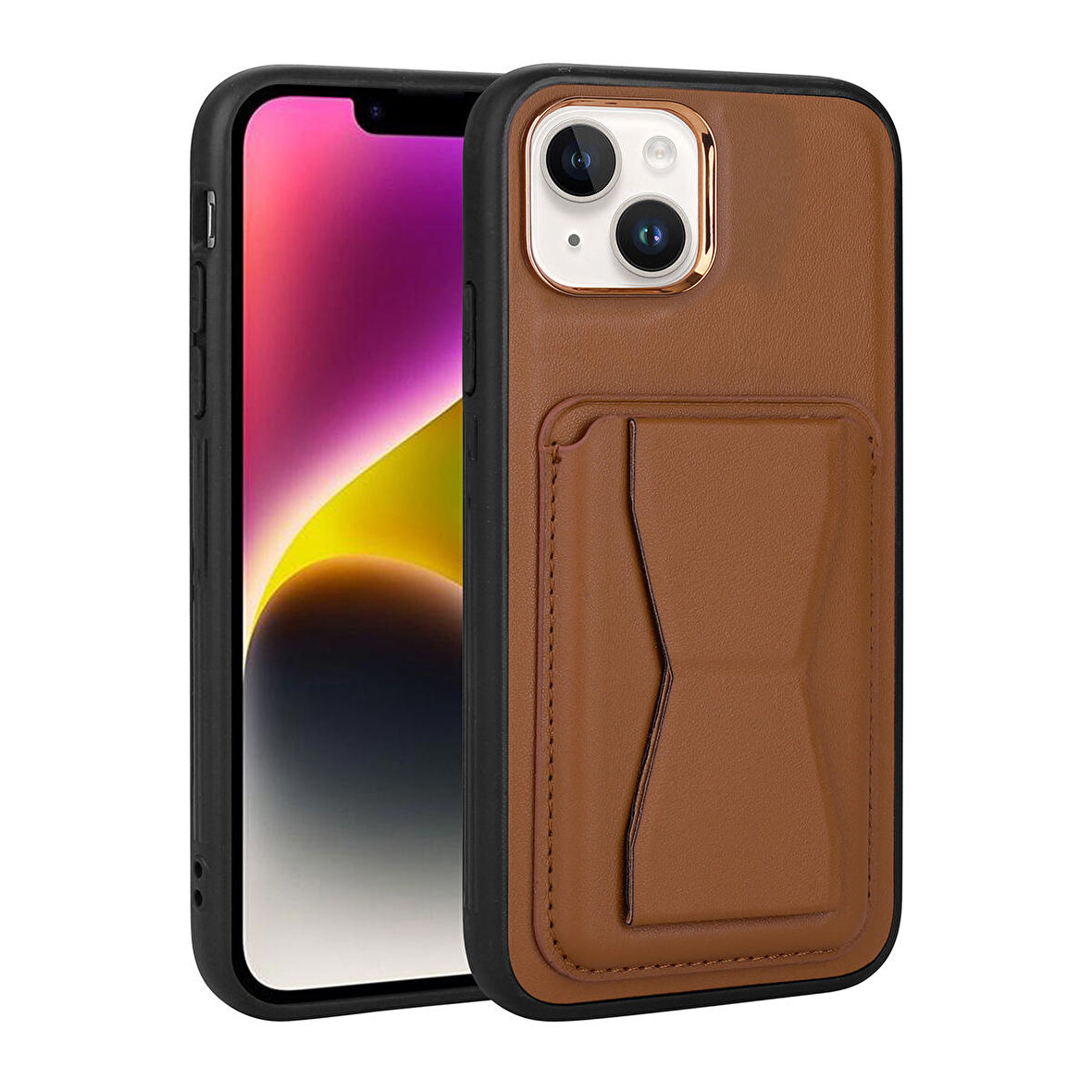 Vendas iPhone 14 Plus Uyumlu (14 Plus) Kartlıklı Standlı Silikon Kenarlı Metal Kamera çerçeveli Pu Deri Kılıf
