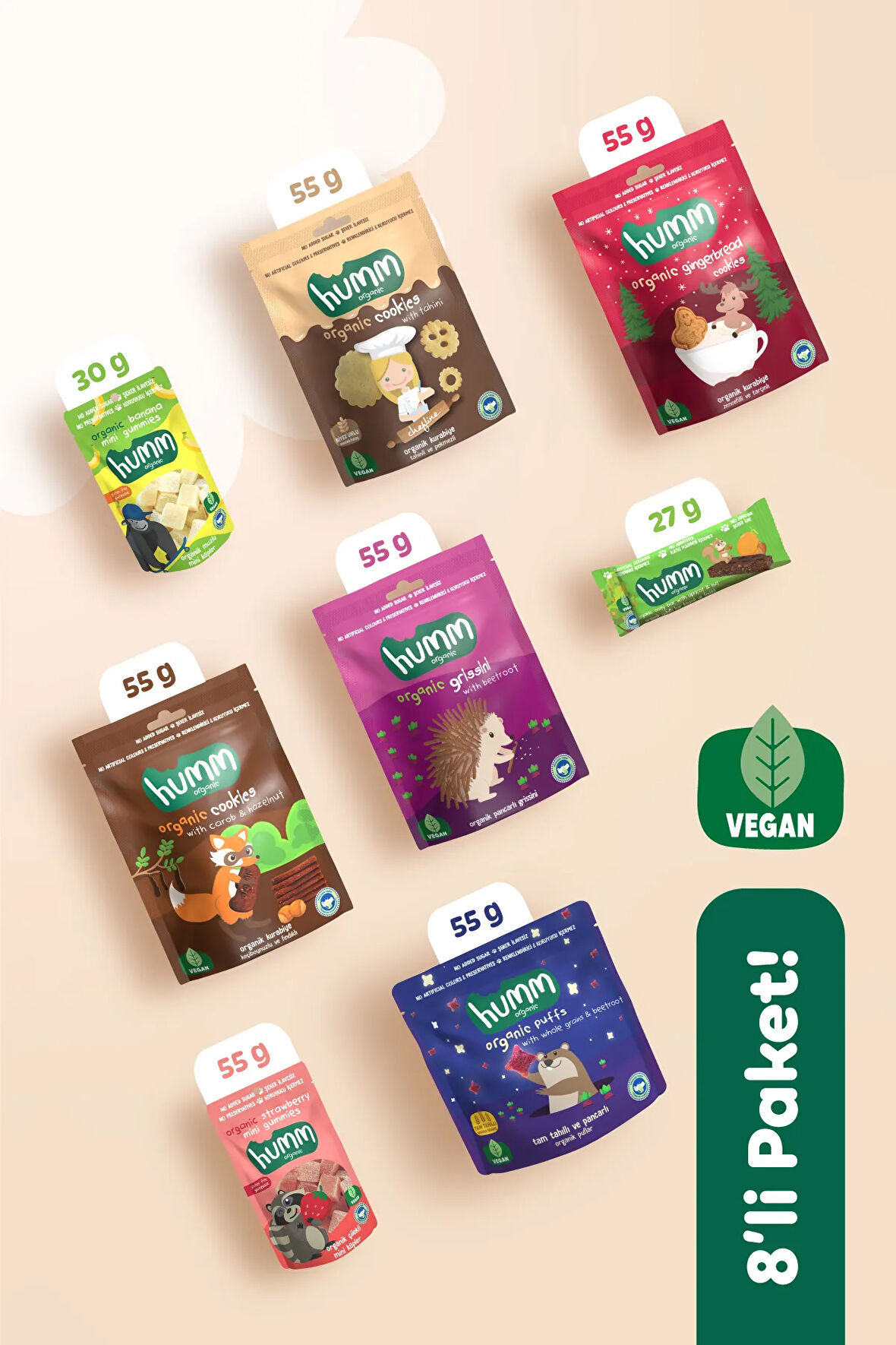 Humm Organic Organik Vegan Tatlı & Tuzlu Atıştırmalık Paketi - 8 Adet (8 çeşit)