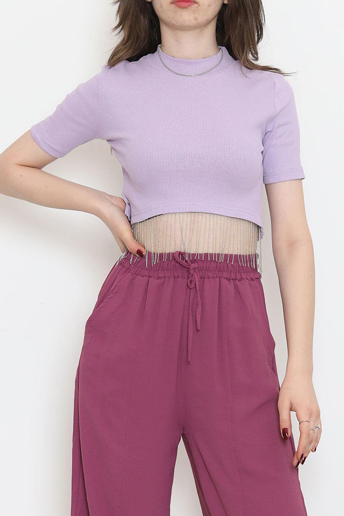 Bisiklet Yaka Altı Saçaklı Taş Detaylı Püsküllü Crop Kaşkorse Şık T-Shirt Lila - 80193