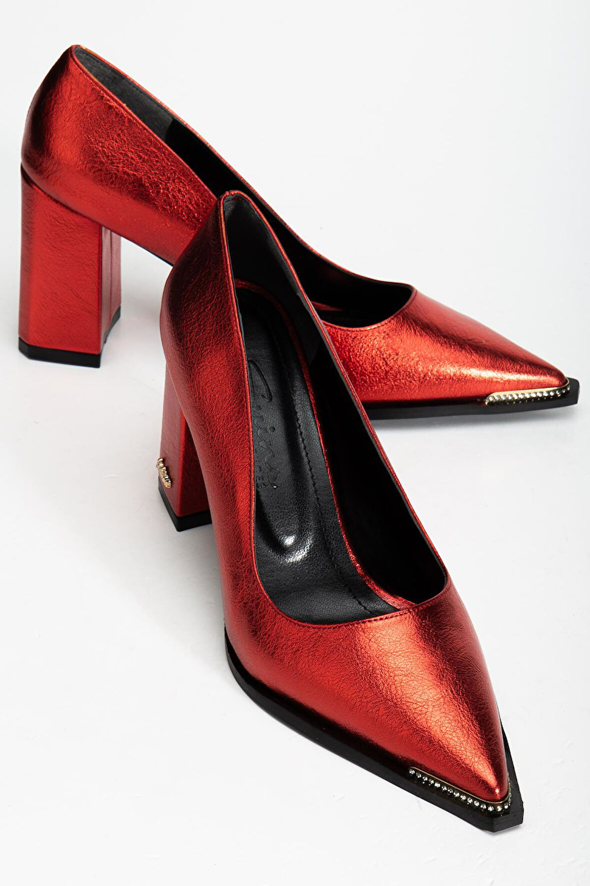 Suins Premium Verty Model Kadın Kalın Topuklu Burnu Taşlı Rugan Stiletto Ayakkabı