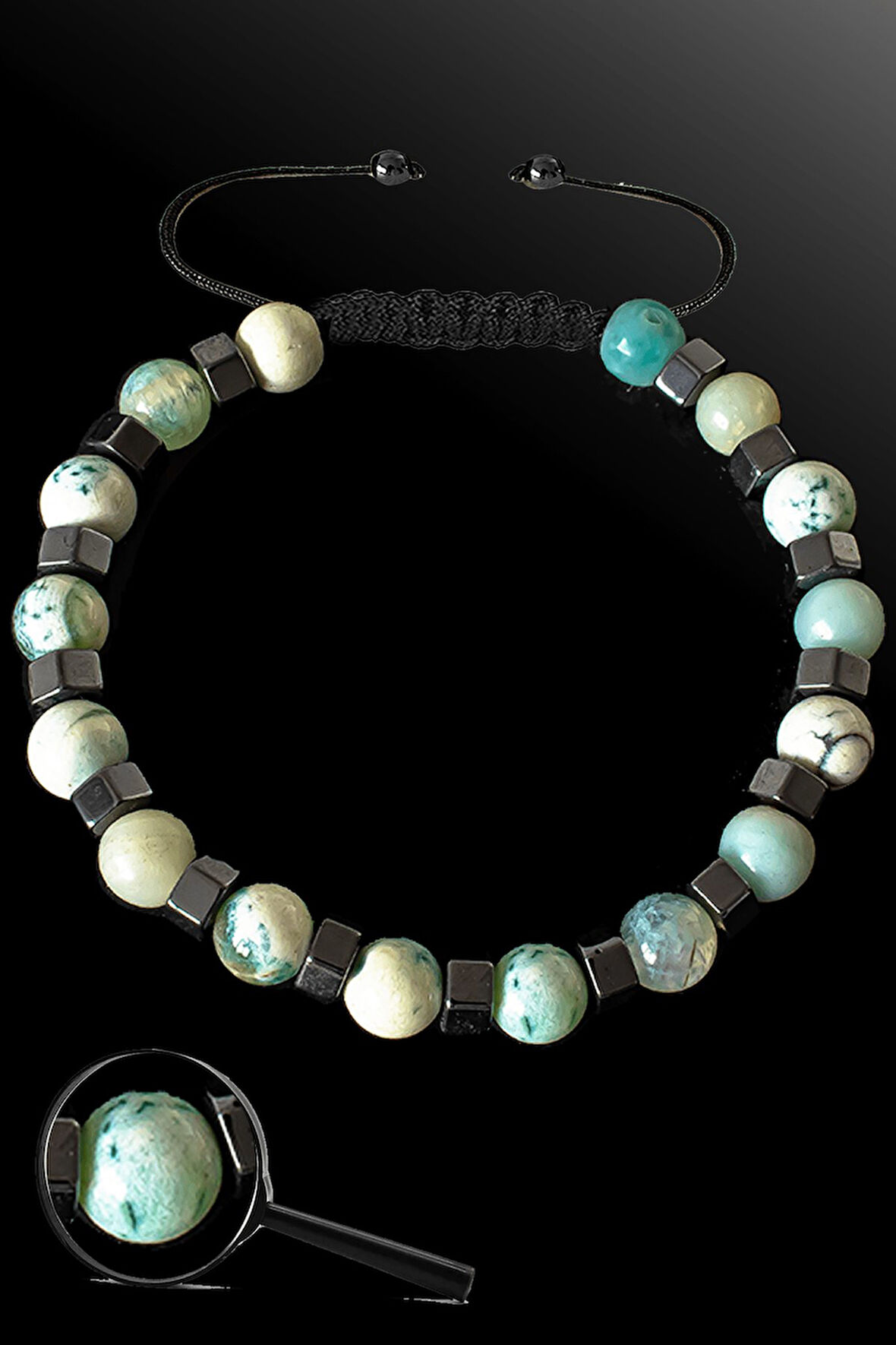 Sertifikalı Silver Hematitli 6 Mm Yeşil - Beyaz Akik Taşı Bileklik - Tibet Akiği