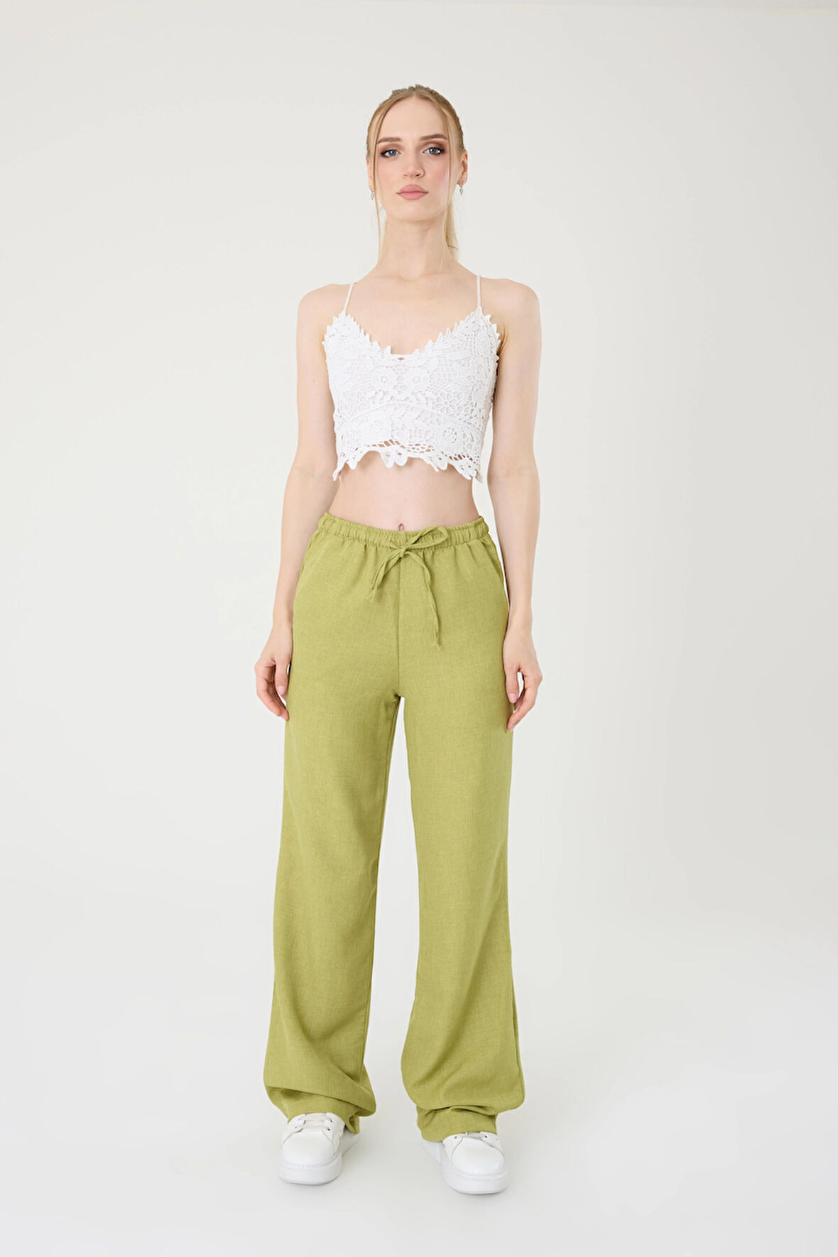 Kadın Yağ Yeşil Keten Karışımlı Bol Kesim Pantolon