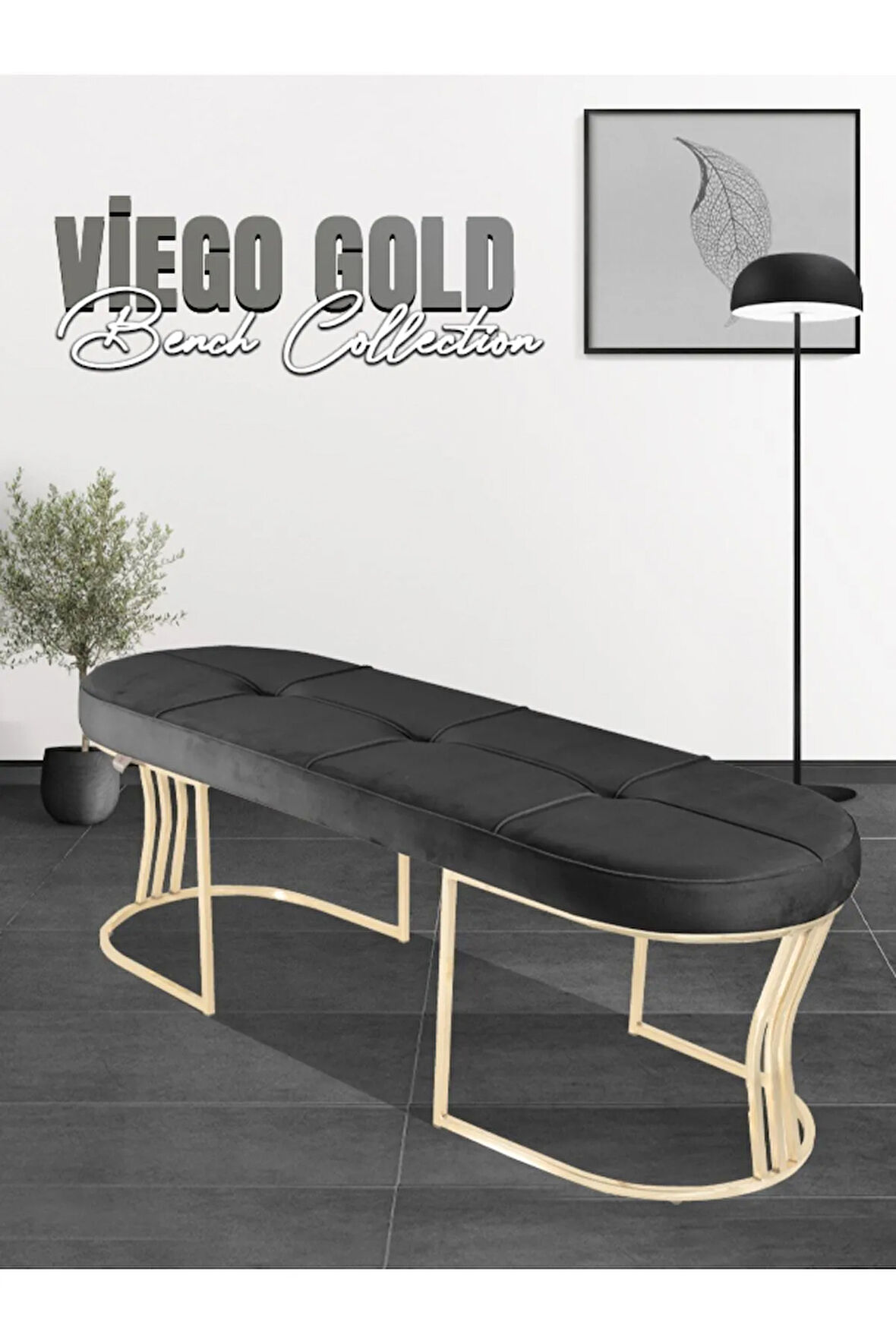 Viego Gold Exclusive Bench Lüks Metal Gold Ayak, Chester Model Yatak Ucu Antrasit Puf