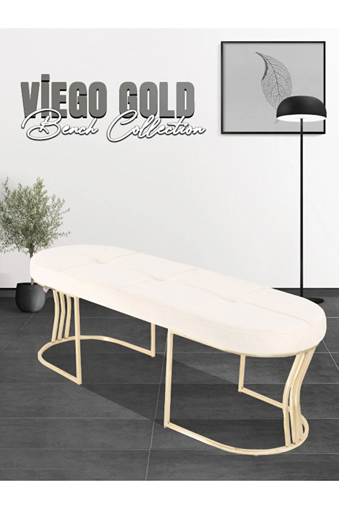 Viego Gold Exclusive Bench Lüks Metal Gold Ayak, Chester Model Yatak Ucu Beyaz Puf