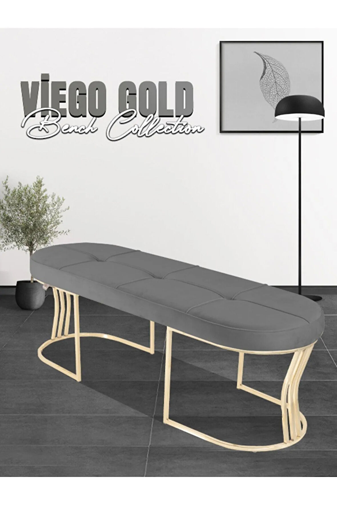 Viego Gold Exclusive Bench Lüks Metal Gold Ayak, Chester Model Yatak Ucu Gri Puf