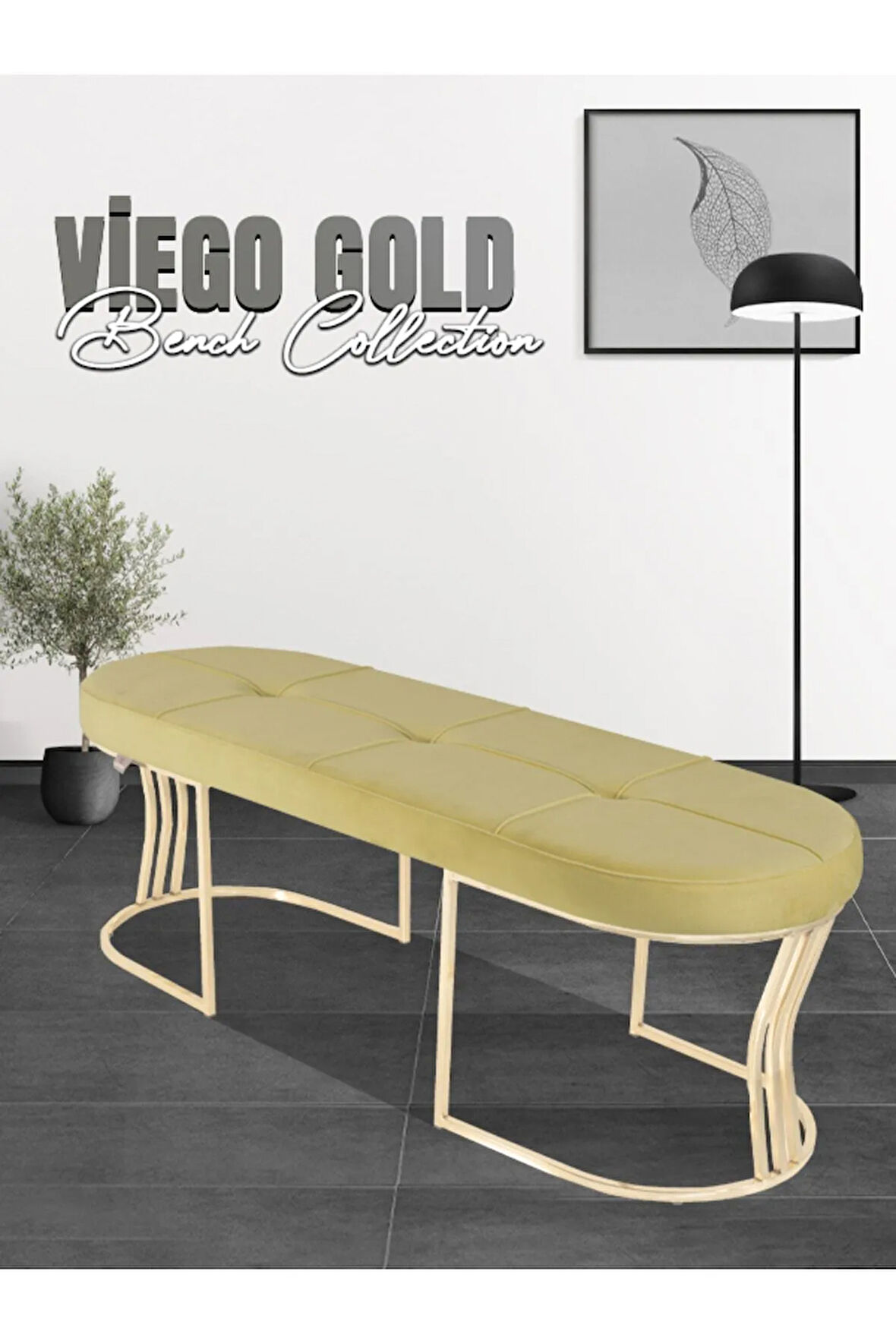 Viego Gold Exclusive Bench Lüks Metal Gold Ayak, Chester Model Yatak Ucu Hardal Puf