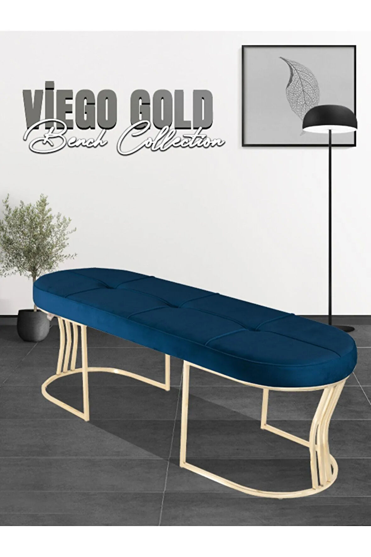 Viego Gold Exclusive Bench Lüks Metal Gold Ayak, Chester Model Yatak Ucu Mavi Puf