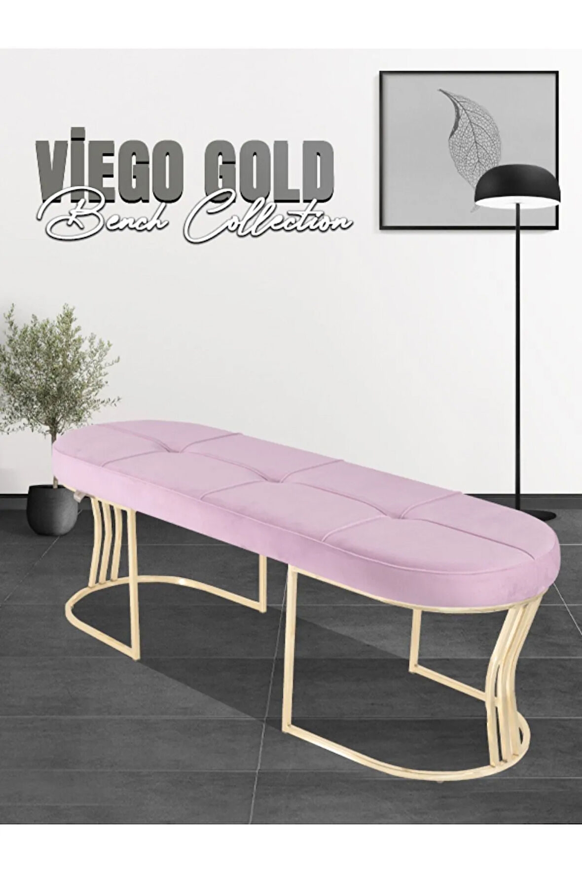 Viego Gold Exclusive Bench Lüks Metal Gold Ayak, Chester Model Yatak Ucu Pembe Puf