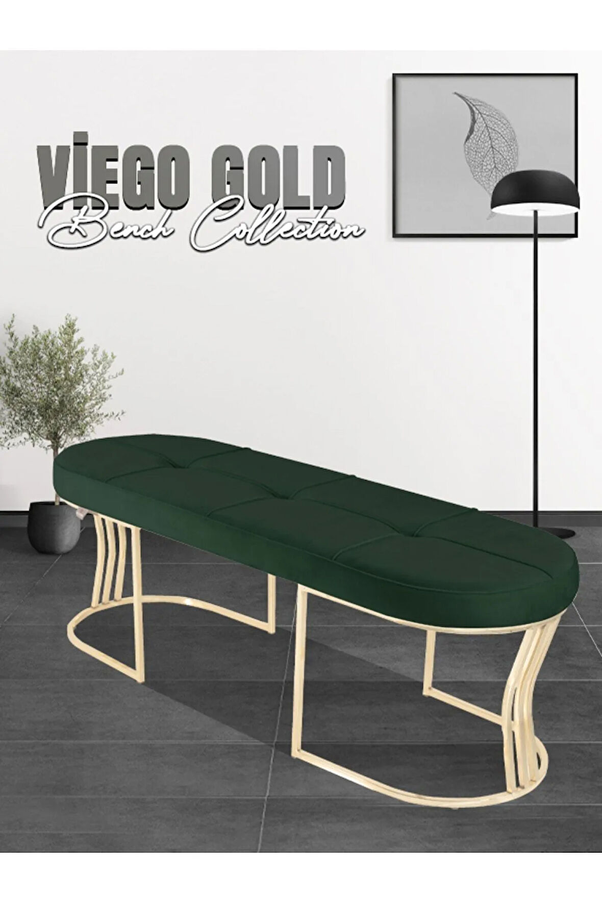 Viego Gold Exclusive Bench Lüks Metal Gold Ayak, Chester Model Yatak Ucu Yeşil Puf