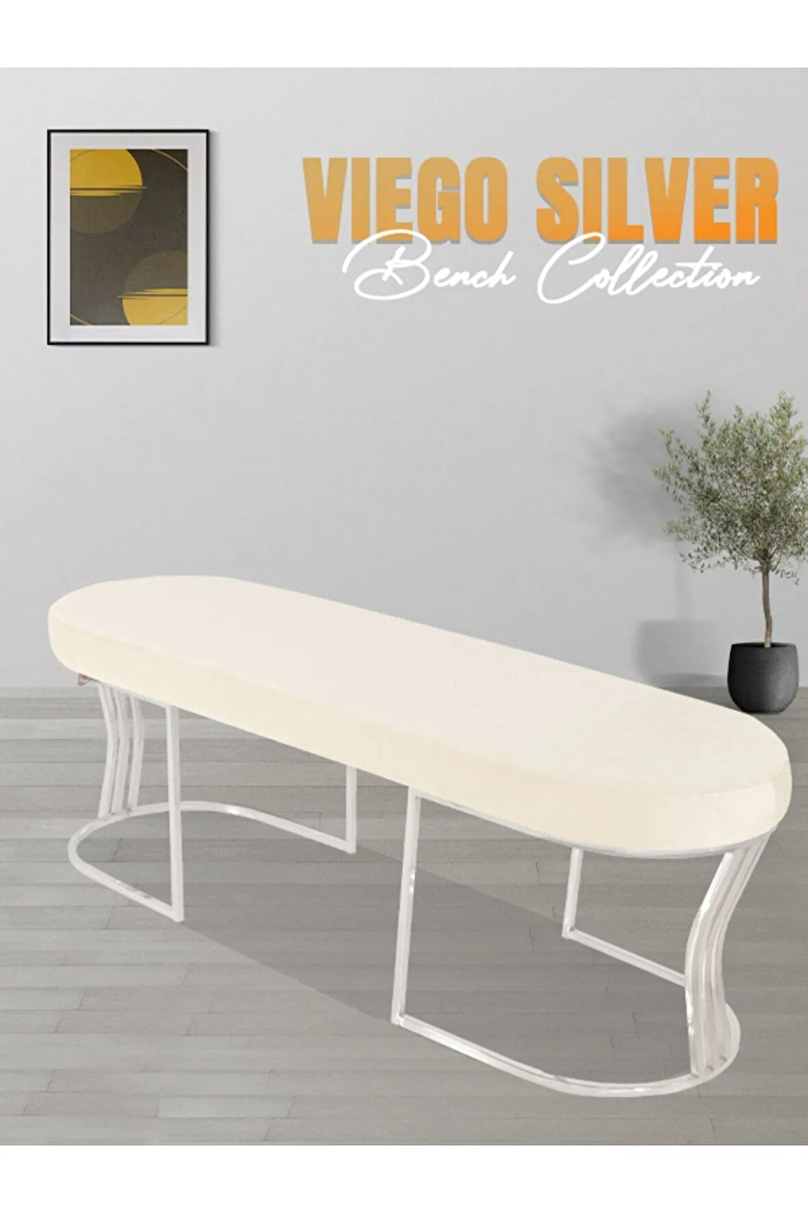 Viego Silver Smooth Bench Lüks Metal Gümüş Ayak, Chester Model Yatak Ucu Beyaz Puf