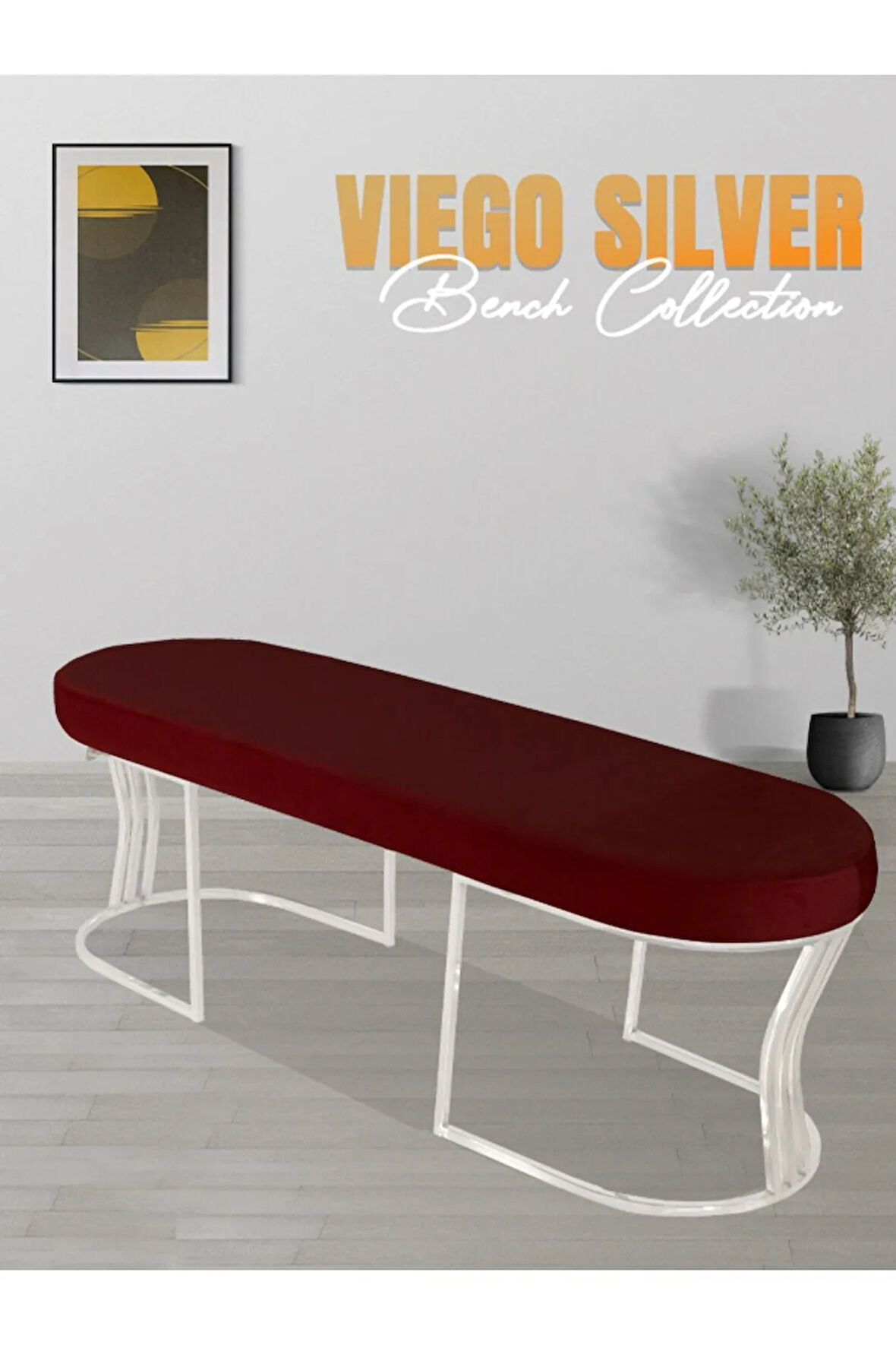 Viego Silver Smooth Bench Lüks Metal Gümüş Ayak, Chester Model Yatak Ucu Bordo Puf