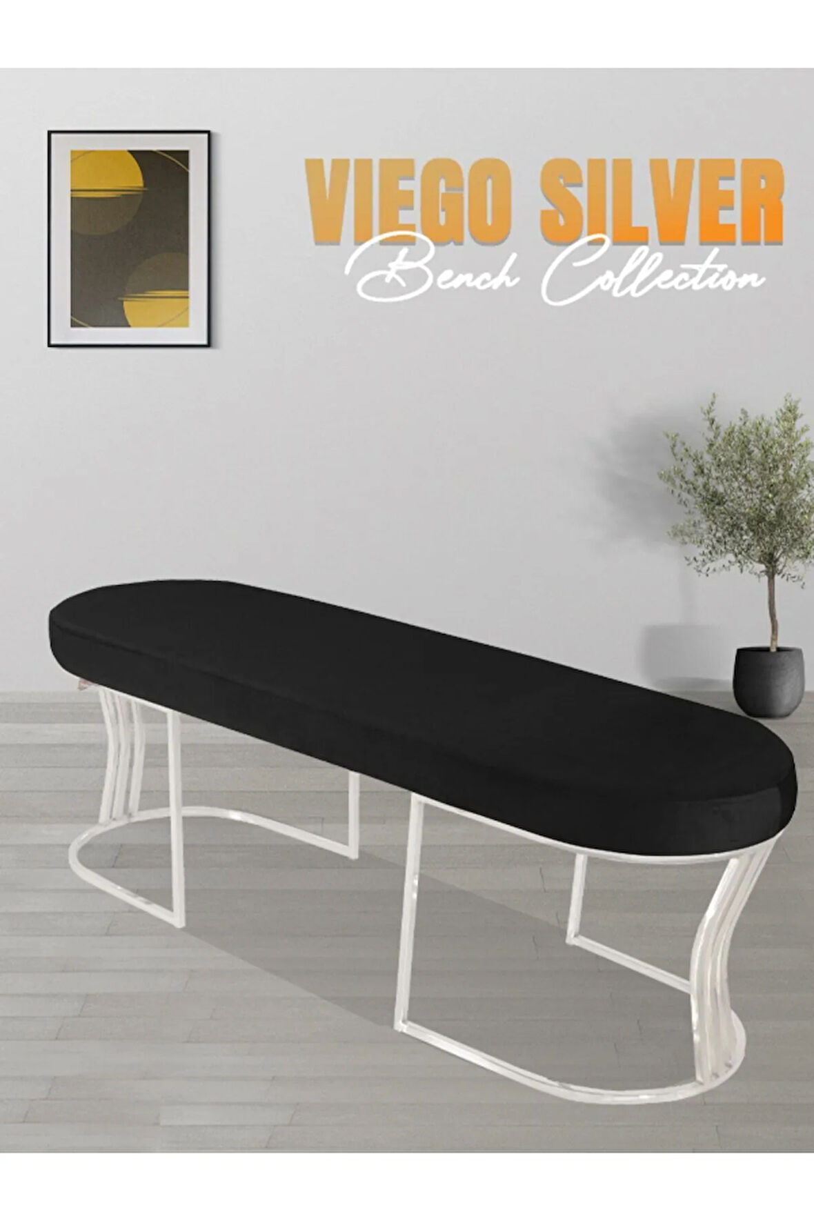 Viego Silver Smooth Bench Lüks Metal Gümüş Ayak, Chester Model Yatak Ucu Siyah Puf