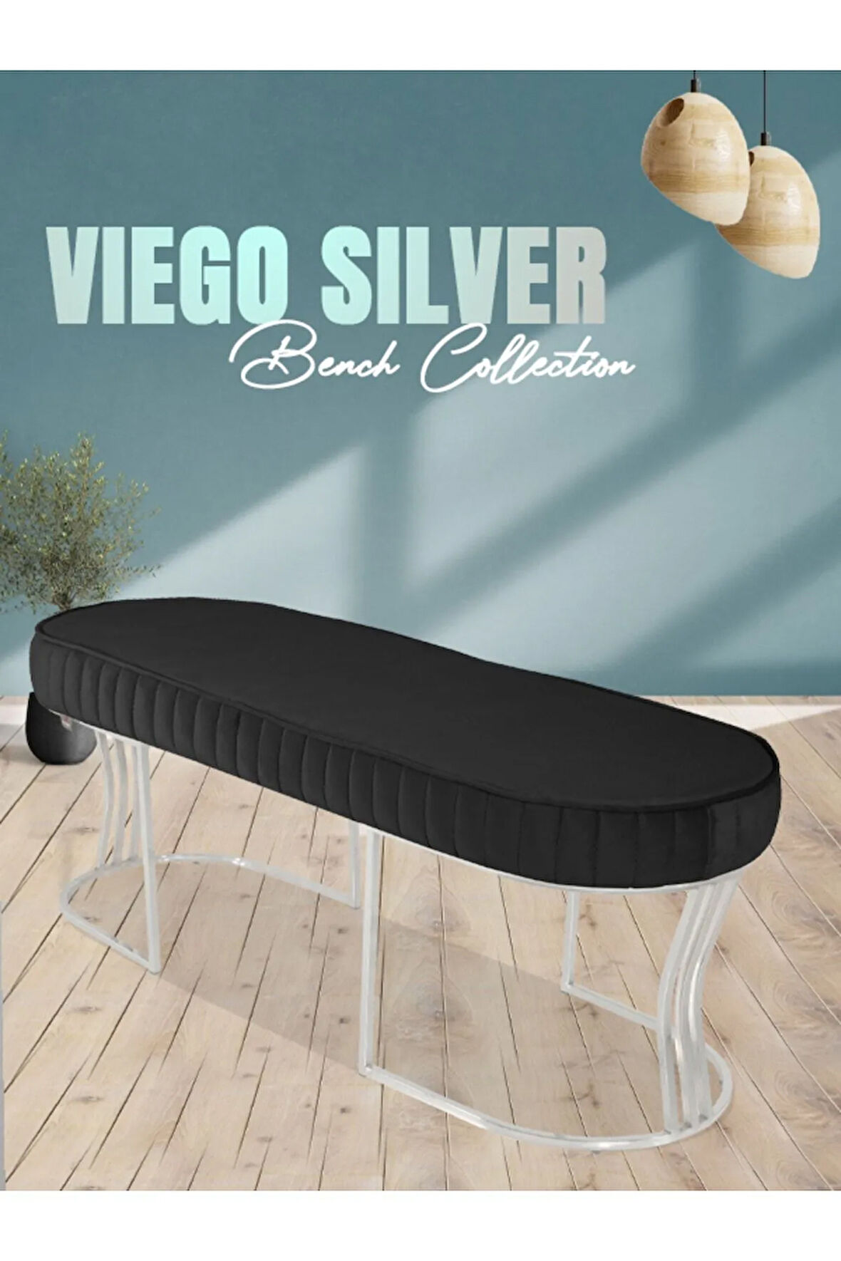 Viego Silver Striped Bench Lüks Metal Gümüş Ayak, Chester Model Yatak Ucu Antrasit Puf