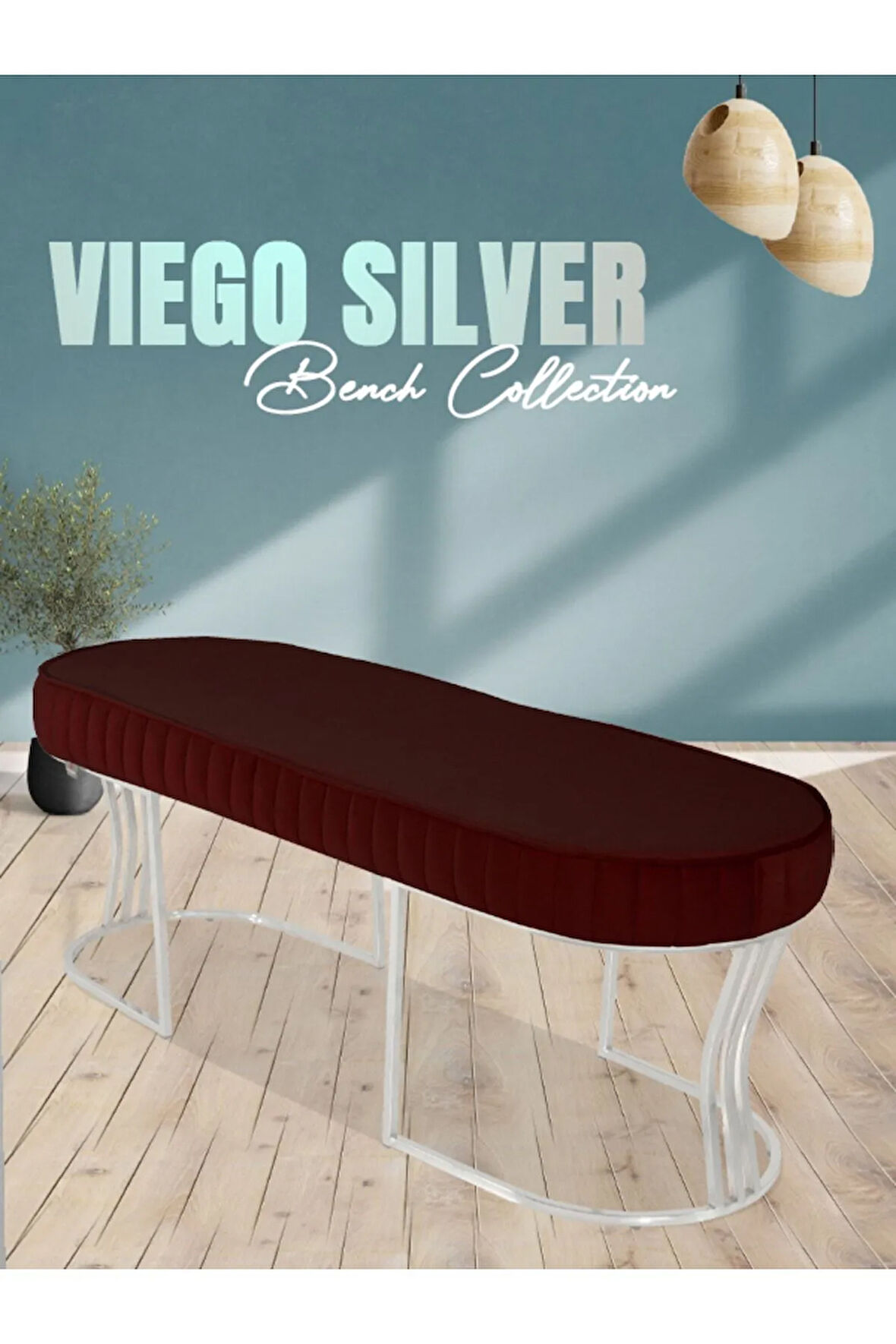 Viego Silver Striped Bench Lüks Metal Gümüş Ayak, Chester Model Yatak Ucu Bordo Puf