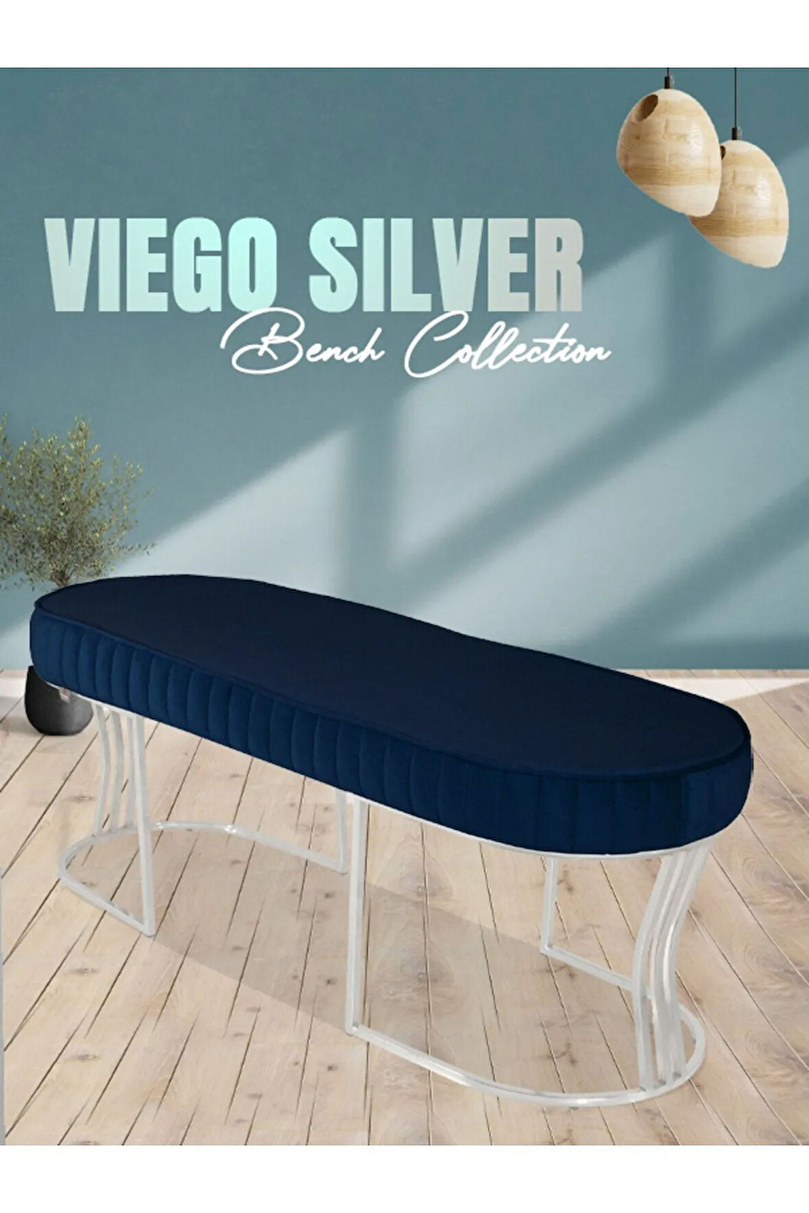 Viego Silver Striped Bench Lüks Metal Gümüş Ayak, Chester Model Yatak Ucu Mavi Puf