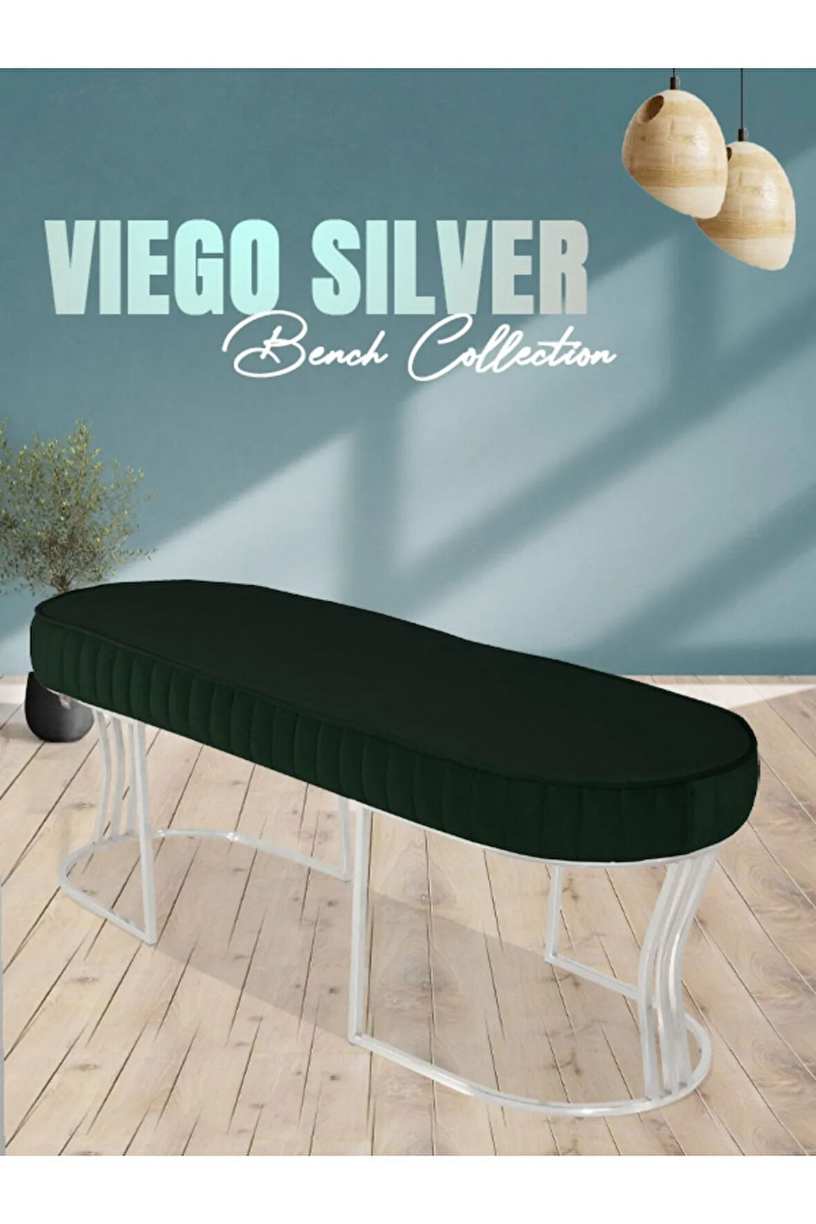 Viego Silver Striped Bench Lüks Metal Gümüş Ayak, Chester Model Yatak Ucu Yeşil Puf
