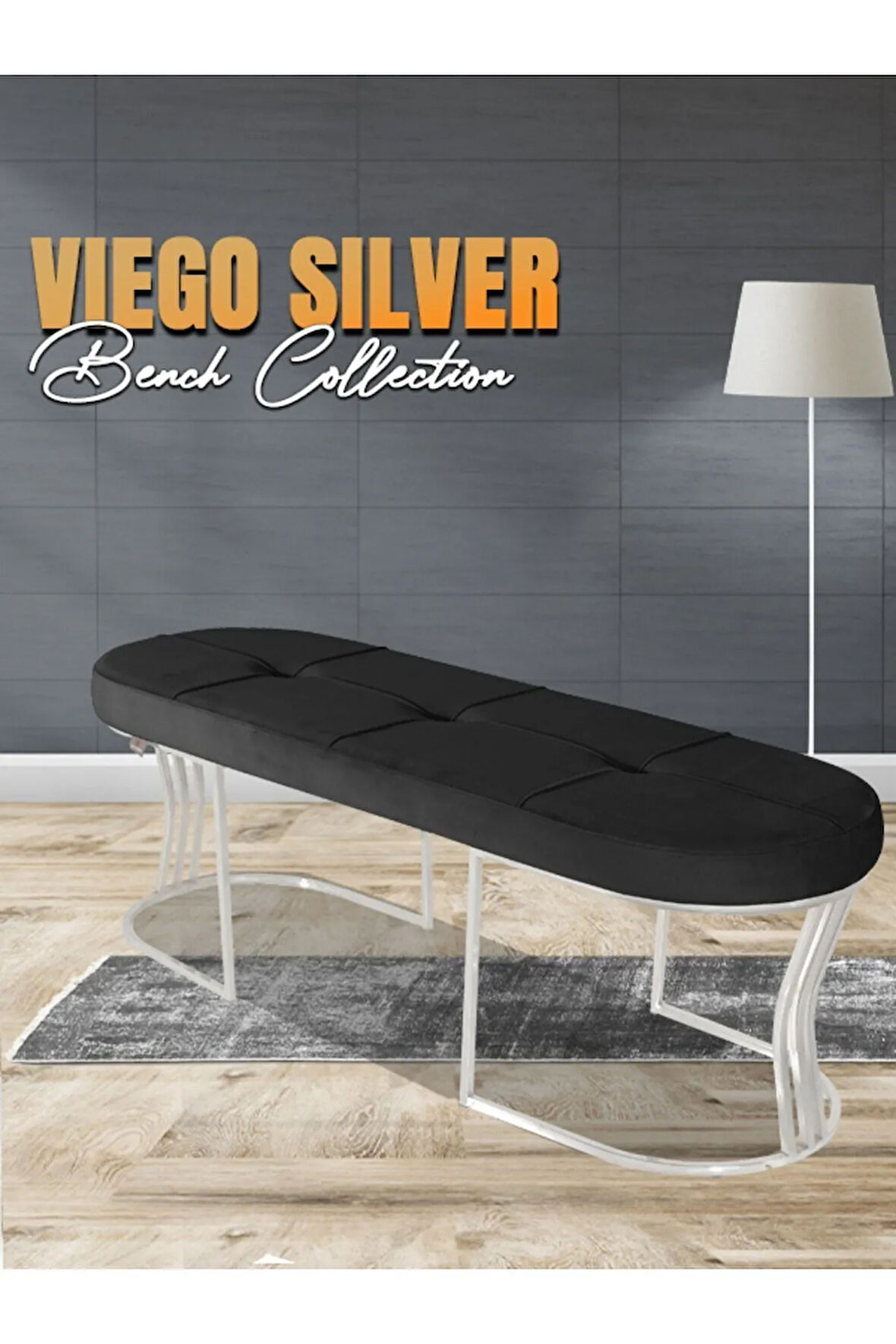 Viego Silver Exclusive Bench Lüks Metal Gümüş Ayak, Chester Model Yatak Ucu Antrasit Puf