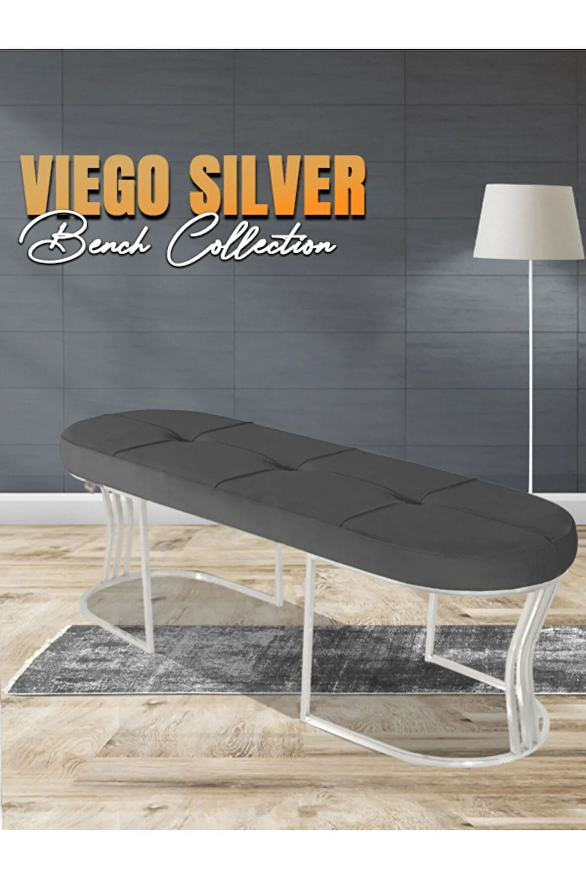 Viego Silver Exclusive Bench Lüks Metal Gümüş Ayak, Chester Model Yatak Ucu Gri Puf