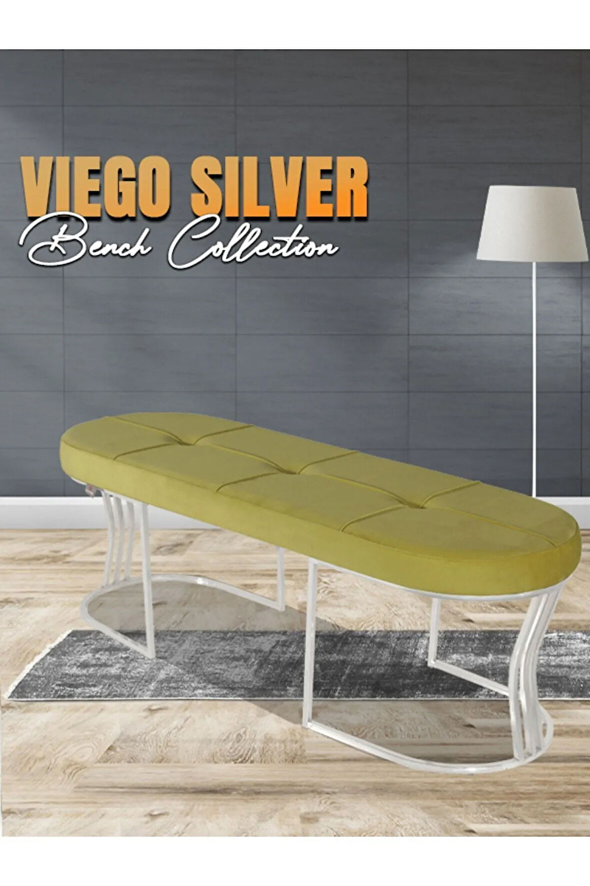 Viego Silver Exclusive Bench Lüks Metal Gümüş Ayak, Chester Model Yatak Ucu Hardal Puf
