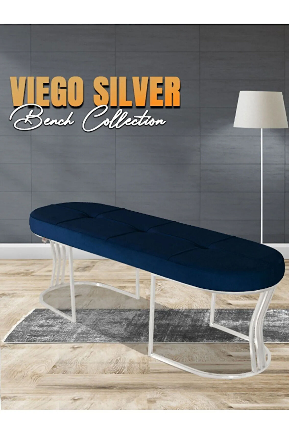 Viego Silver Exclusive Bench Lüks Metal Gümüş Ayak, Chester Model Yatak Ucu Mavi Puf
