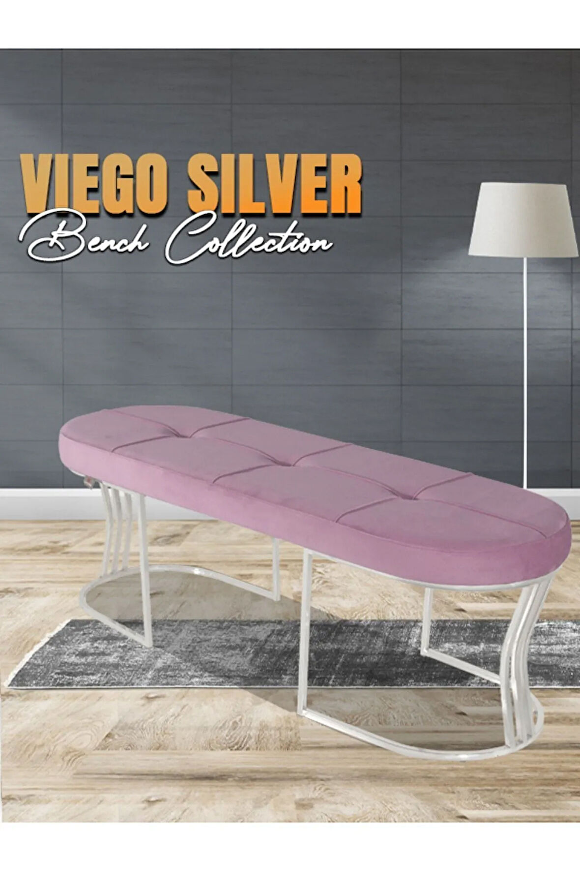 Viego Silver Exclusive Bench Lüks Metal Gümüş Ayak, Chester Model Yatak Ucu Pembe Puf