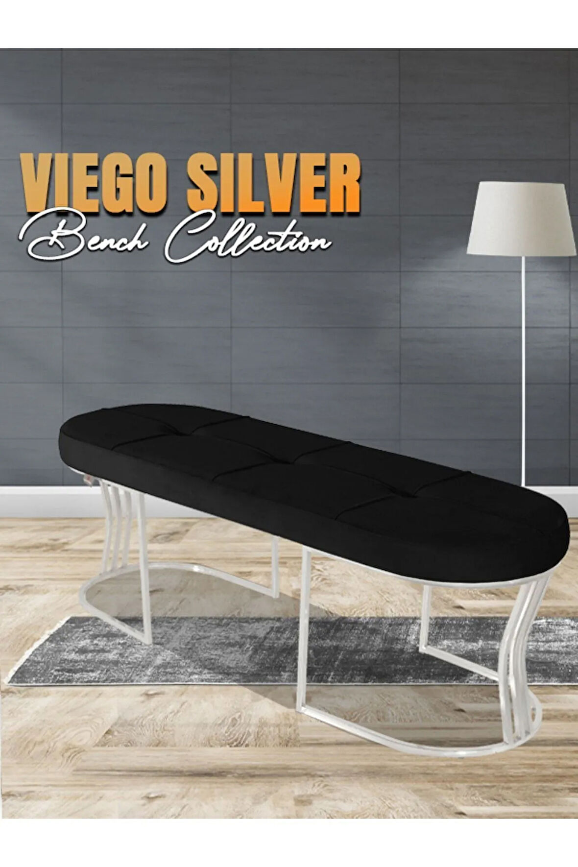 Viego Silver Exclusive Bench Lüks Metal Gümüş Ayak, Chester Model Yatak Ucu Siyah Puf