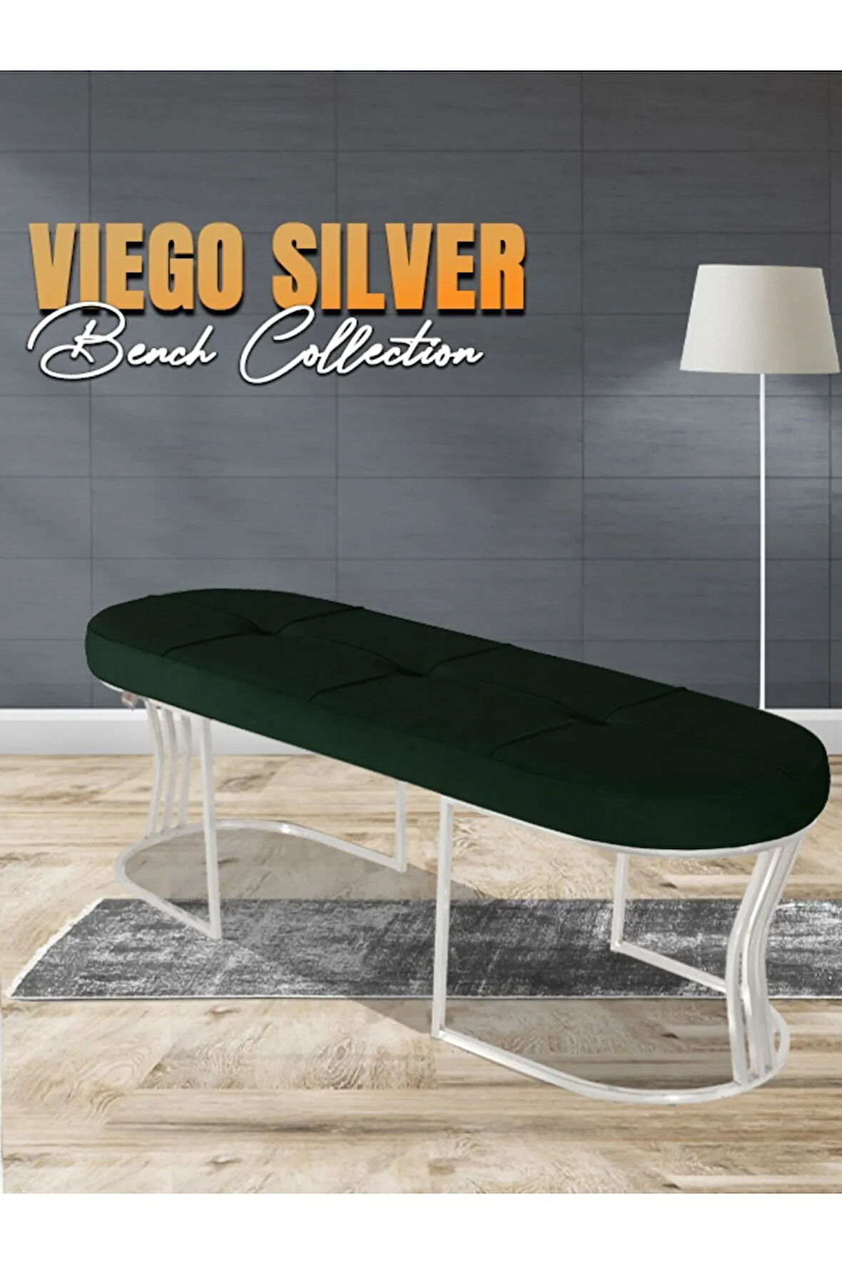 Viego Silver Exclusive Bench Lüks Metal Gümüş Ayak, Chester Model Yatak Ucu Yeşil Puf
