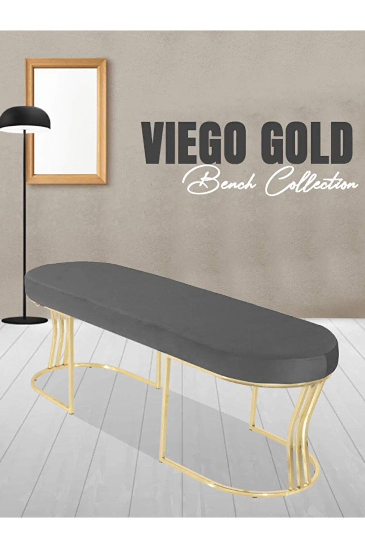 Viego Gold Smooth Bench Lüks Metal Gold Ayak, Chester Model Yatak Ucu Gri Puf
