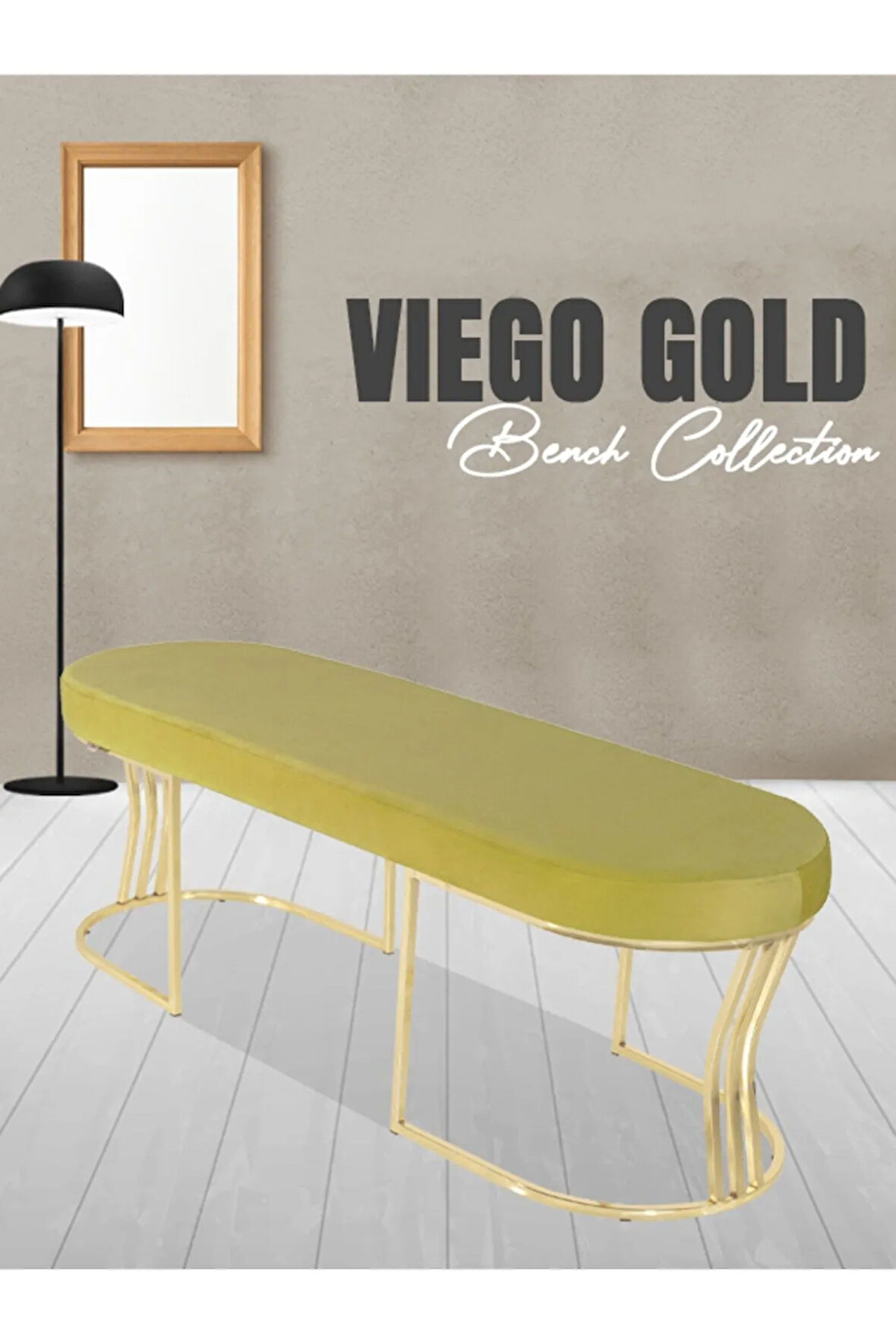 Viego Gold Smooth Bench Lüks Metal Gold Ayak, Chester Model Yatak Ucu Hardal Puf
