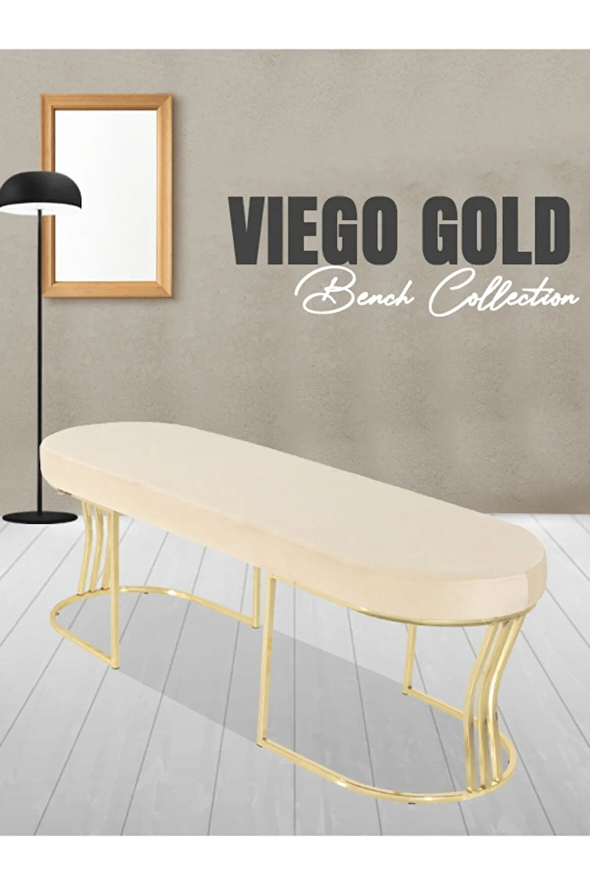 Viego Gold Smooth Bench Lüks Metal Gold Ayak, Chester Model Yatak Ucu Krem Puf
