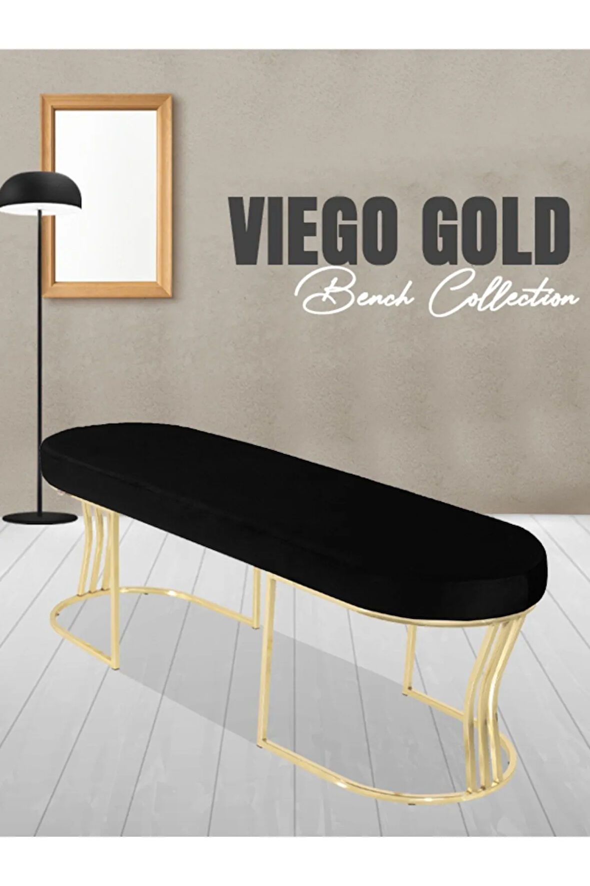 Viego Gold Smooth Bench Lüks Metal Gold Ayak, Chester Model Yatak Ucu Siyah Puf