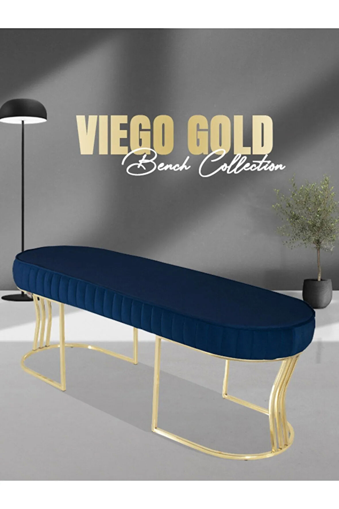 Viego Gold Striped Bench Lüks Metal Gold Ayak, Chester Model Yatak Ucu Mavi Puf