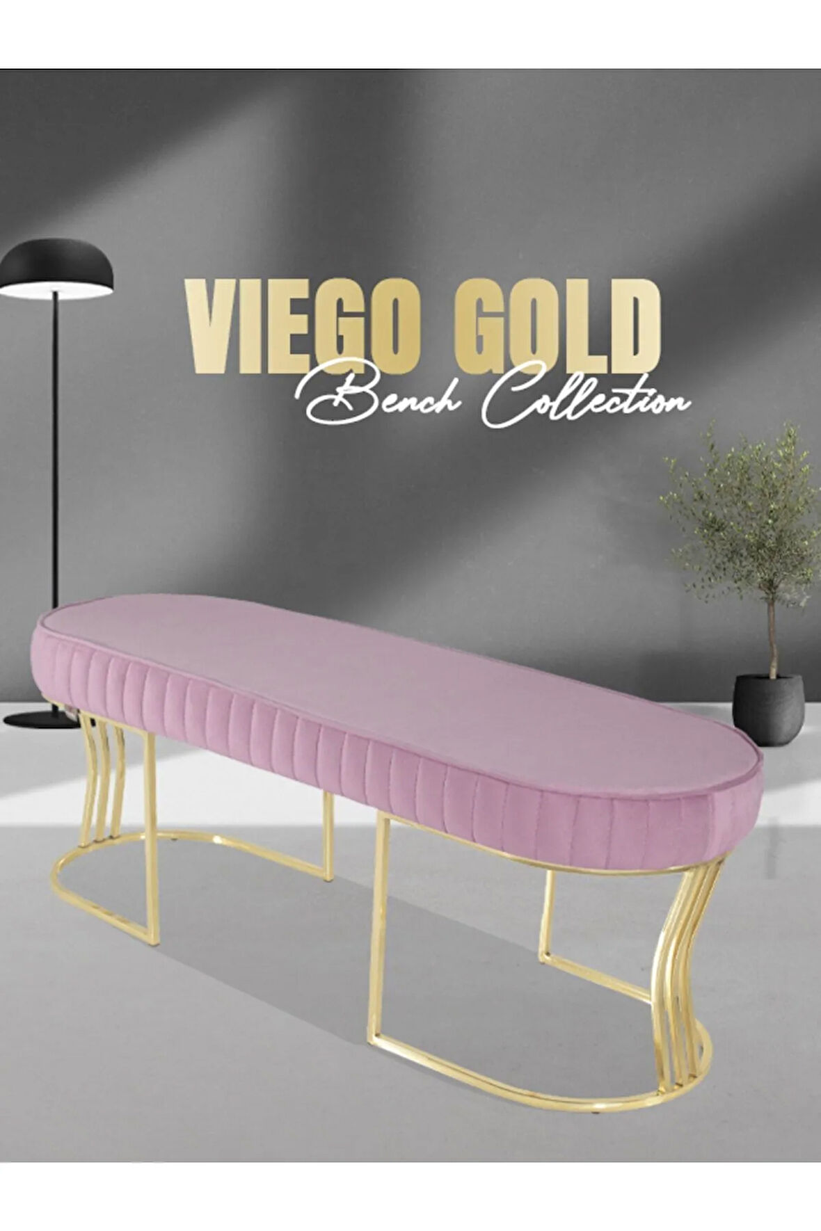 Viego Gold Striped Bench Lüks Metal Gold Ayak, Chester Model Yatak Ucu Pembe Puf