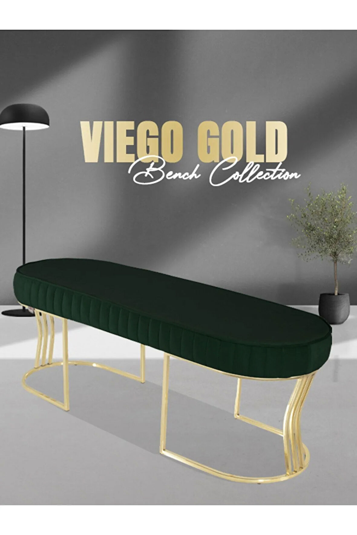 Viego Gold Striped Bench Lüks Metal Gold Ayak, Chester Model Yatak Ucu Yeşil Puf
