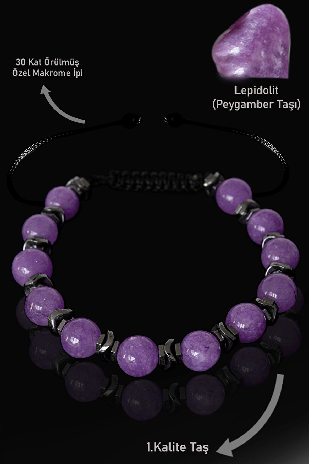 Sertifikalı Gerçek Hematit - Lepidolit Taşı Bileklik - Ayarlamalı (Peygamber Taşı)