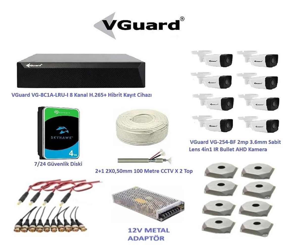 VGuard 2mp 8 Kameralı Dış Ortam AHD HD-TVI Full Kamera Seti 4TB Disk