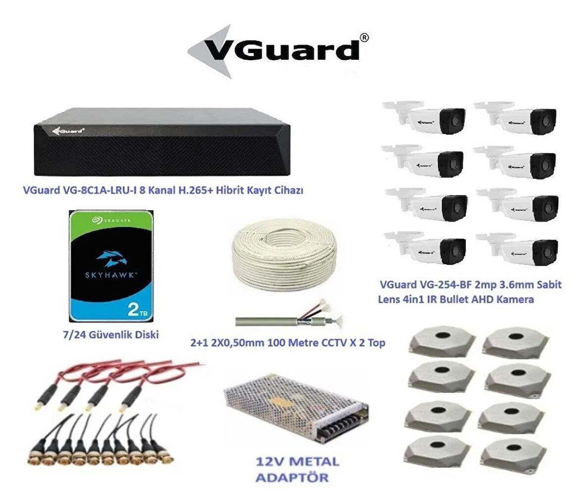 VGuard 2mp 8 Kameralı Dış Ortam AHD HD-TVI Full Kamera Seti 2TB Disk