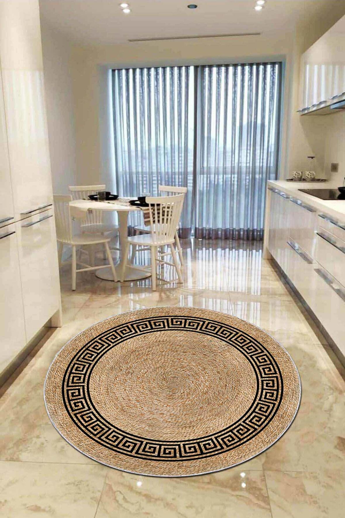 Bej Kaymaz Taban Hasır Görünüm Yuvarlak Mutfak Halısı AR1073