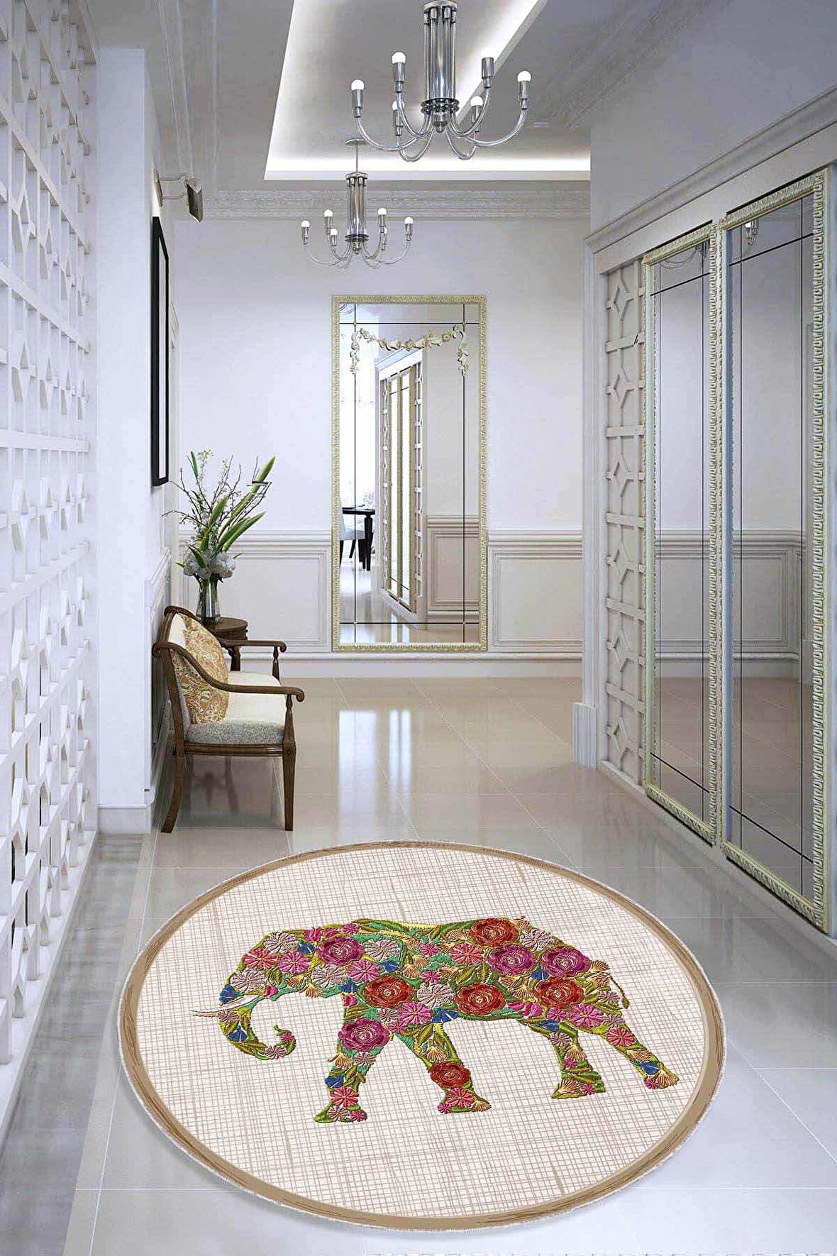 Bej Kaymaz Taban Yıkanır Filli Yuvarlak Mutfak Halısı AR1232