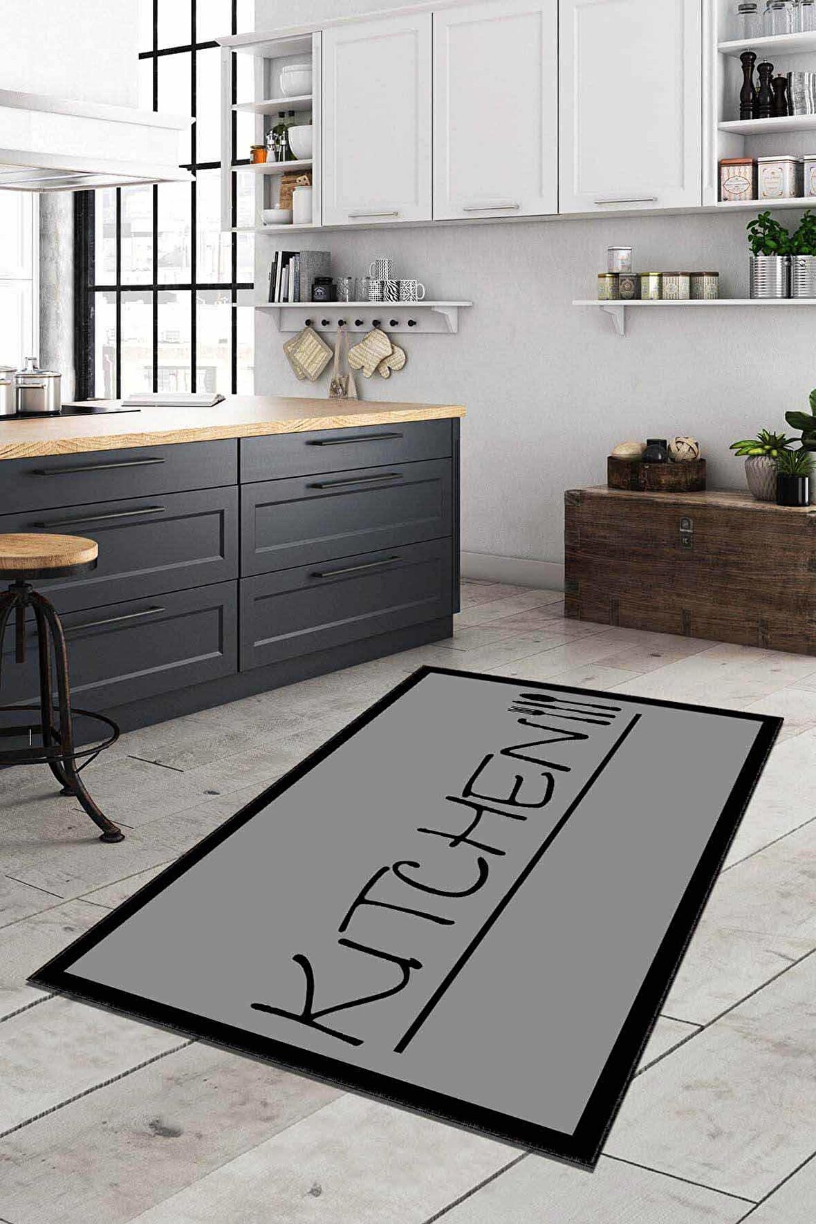 Gri Kaymaz Taban Yıkanan Kitchen Yazılı Mutfak Halısı AR180