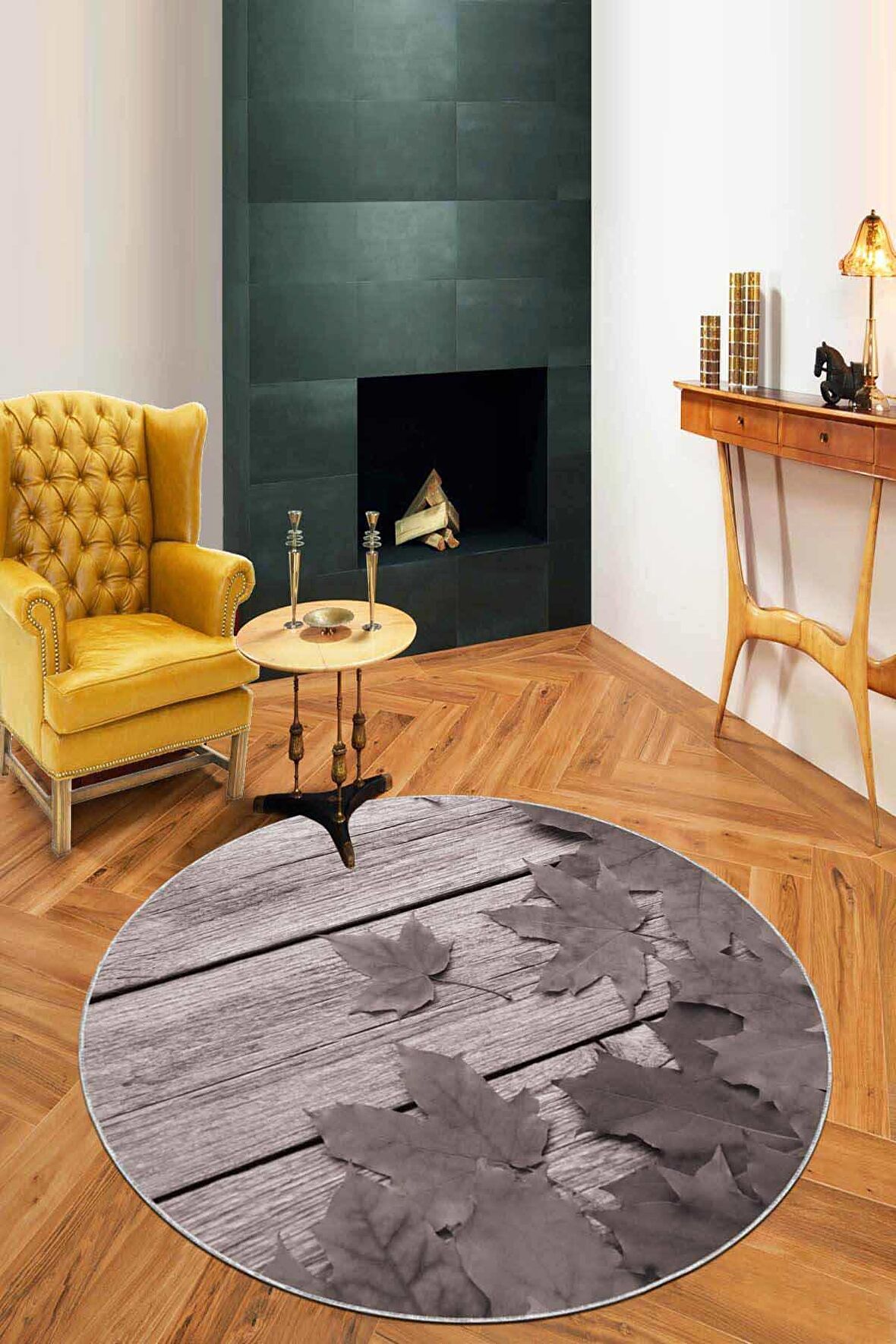 Gri Çınar 3D Kaymaz Tabanlı Yuvarlak Hol Halısı AR412