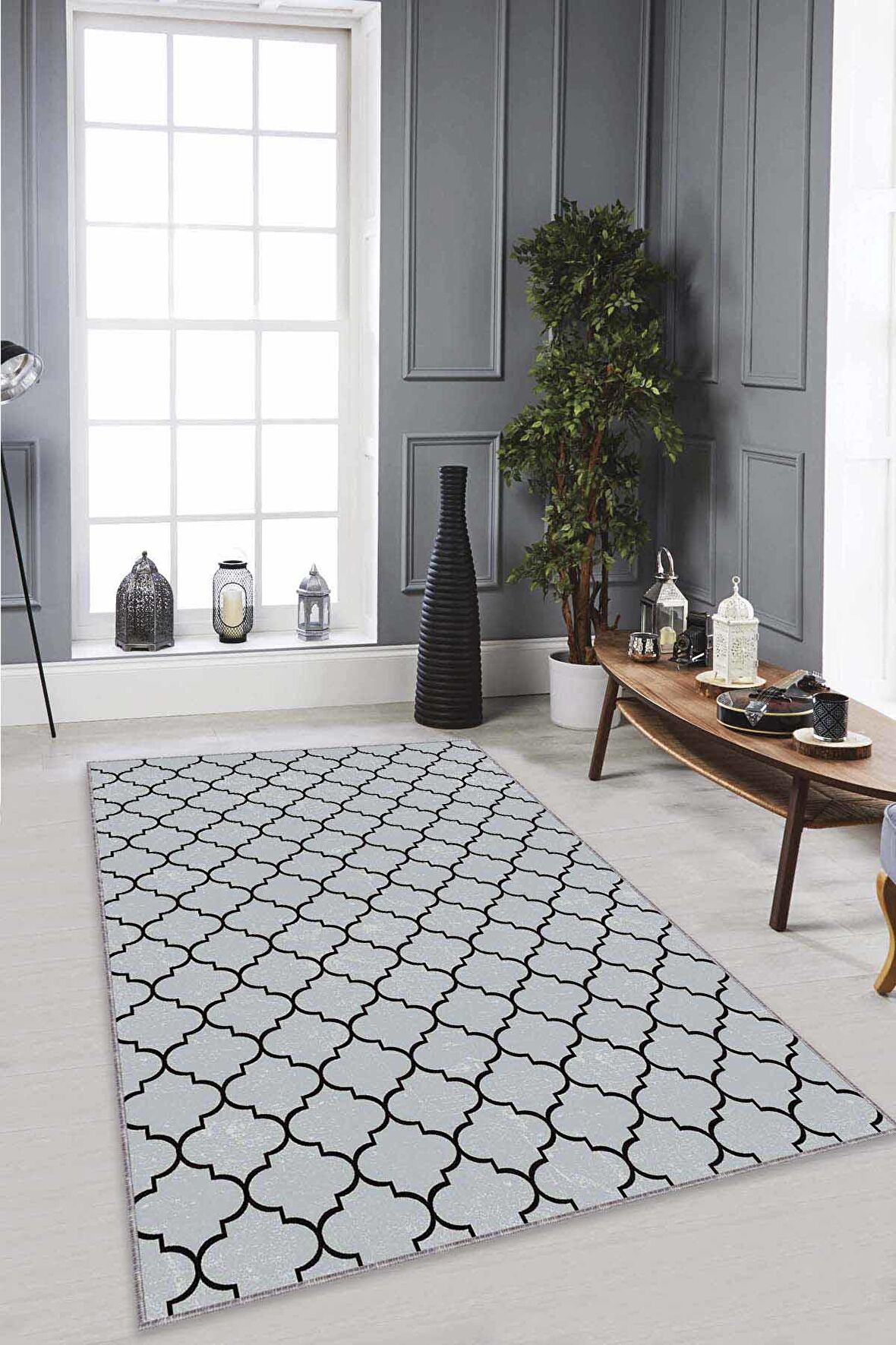 Gri Fas Desen Kaymaz Tabanlı Makinede Yıkanabilir Halı AR489