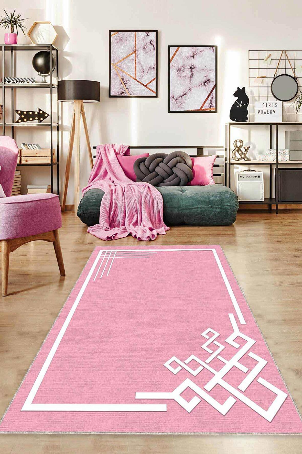 Pembe Çerçeveli Kaymaz Taban Makinede Yıkanabilir Halı AR536