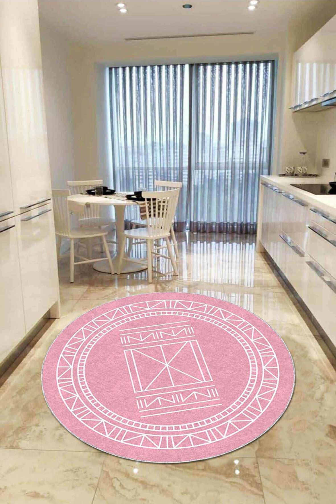 Pembe Kaymaz Taban Etnik Desen Yuvarlak Mutfak Halısı AR542
